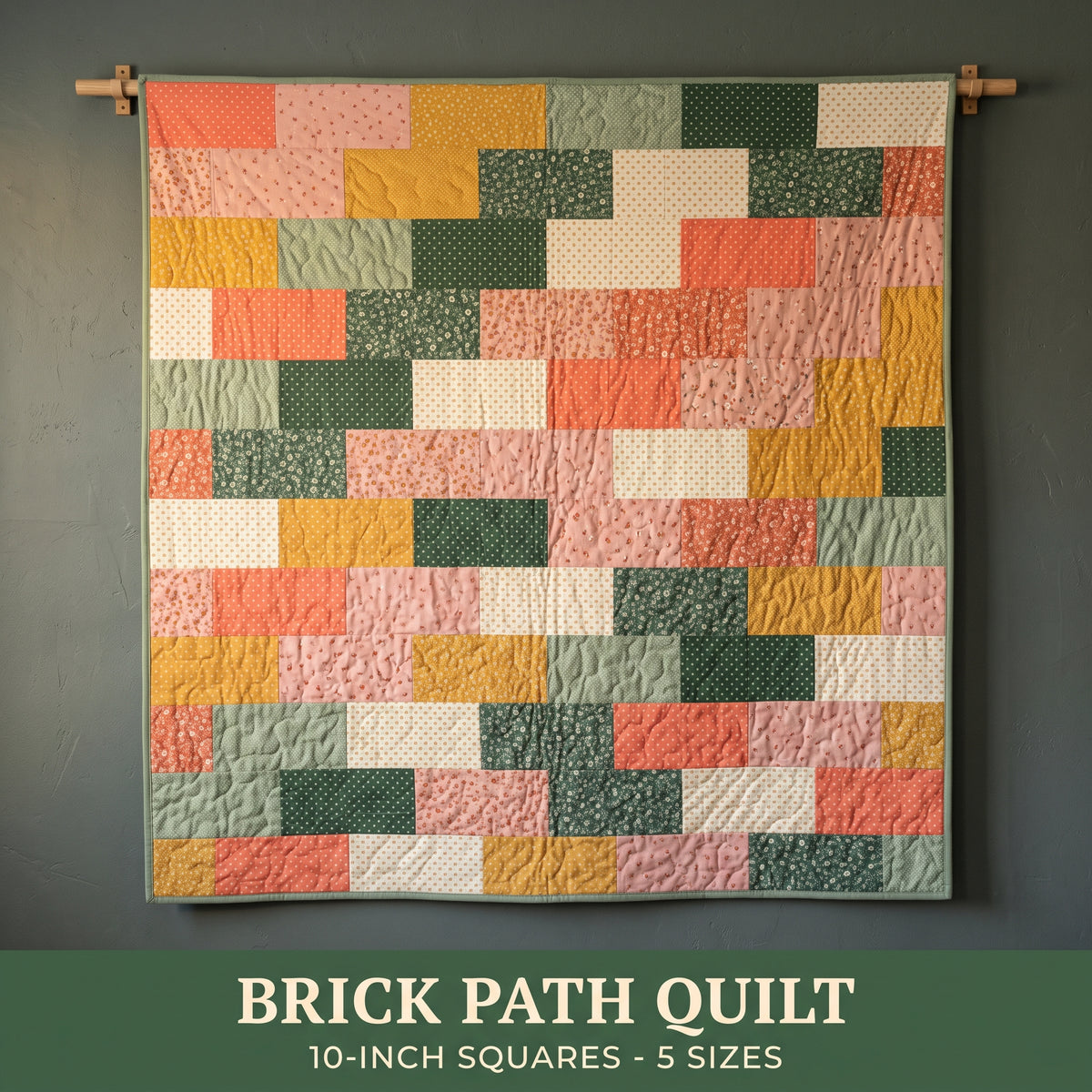 Brick Path Quilt Pattern PDF, Layer Cake Brick Quilt, 10 Inch Squares, 5 Sizes Baby to King, Beginner Quilt
