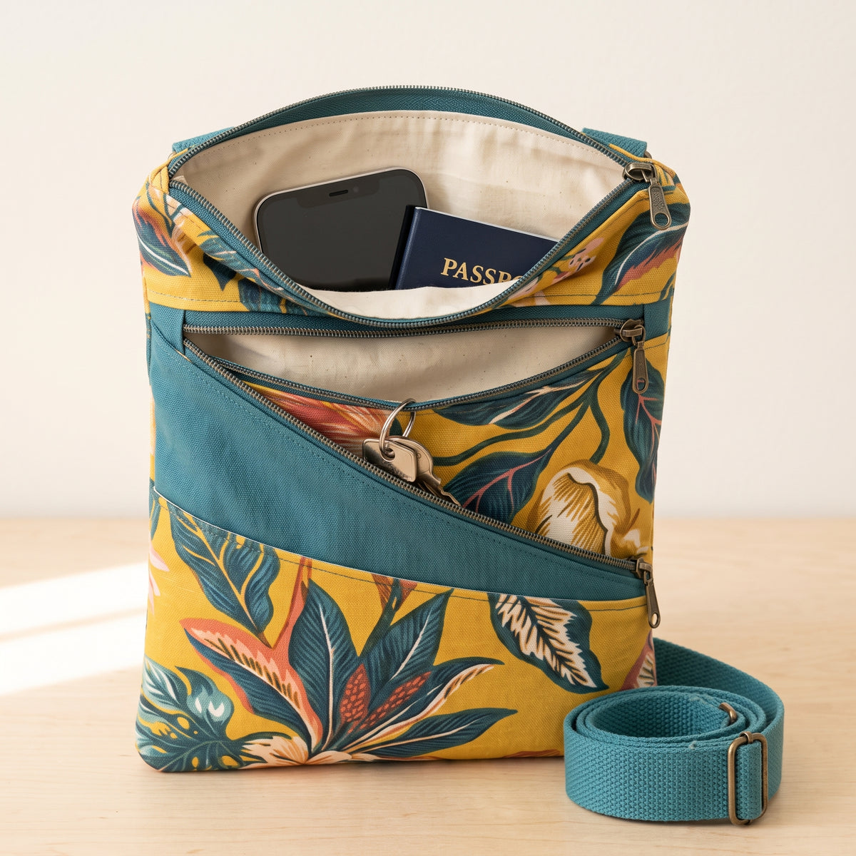 Crossbody Bag Sewing Pattern | Flat Travel Bag with Three Zipped Pockets | Adjustable Strap | A4 & US Letter PDF | Instant Download