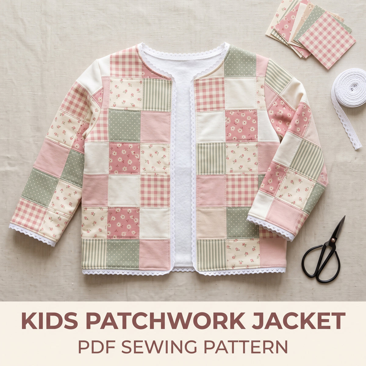 Kids Patchwork Sweatshirt Jacket PDF Sewing Pattern, Girls Upcycle with Mini Charm Squares, Lace Trim, Sizes 2–12 Years