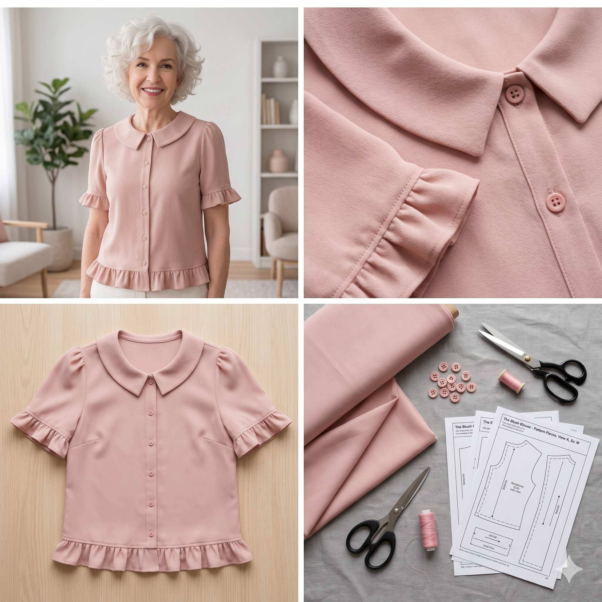 Ruffle Blouse Sewing Pattern PDF | Peter Pan Collar Top Pattern, Short Sleeve Button Up Shirt for Women, Sizes S-3XL, Instant Download