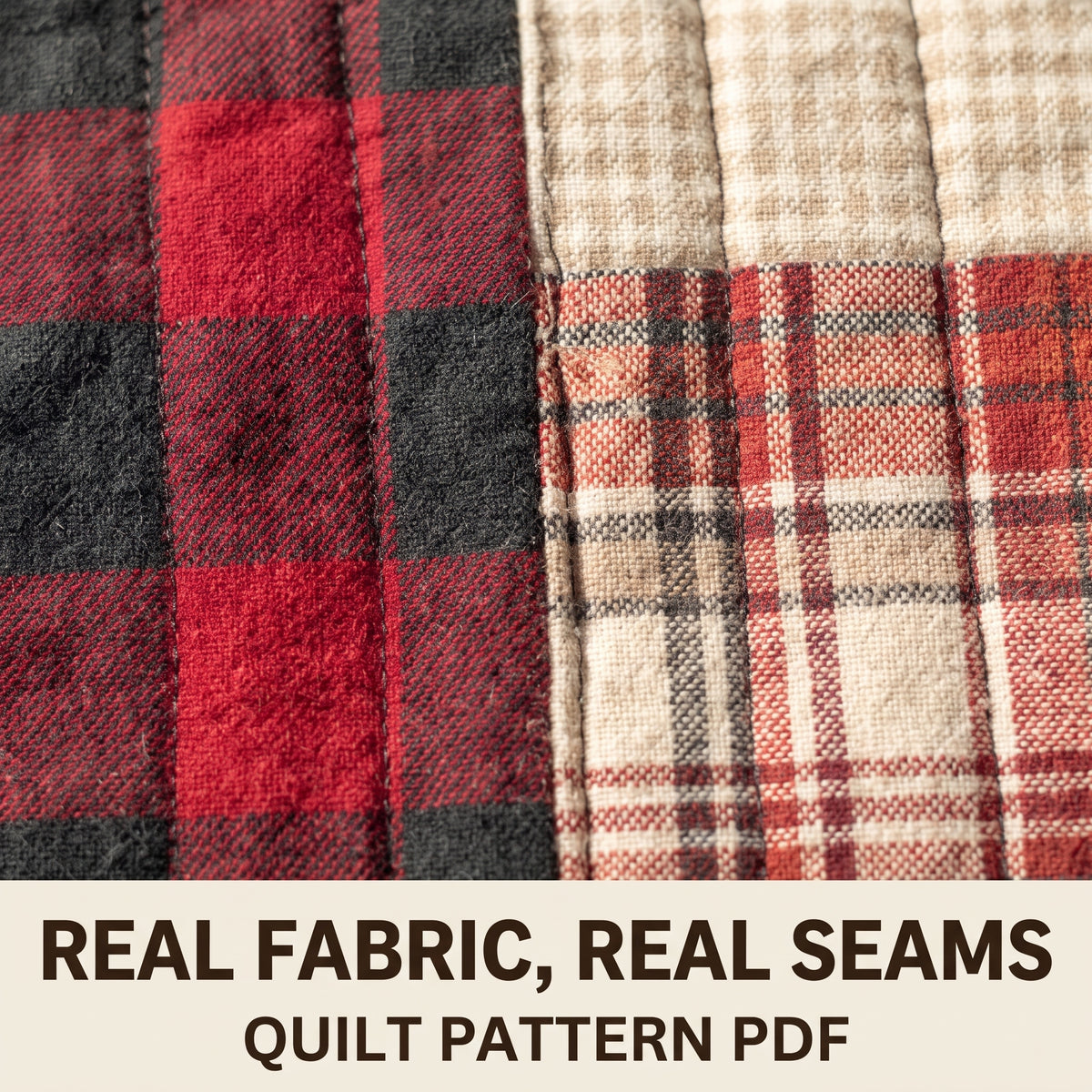Plaid Patchwork Quilt Pattern PDF, Big Block Flannel Quilt in Buffalo Check and Cream, Throw Twin and Queen