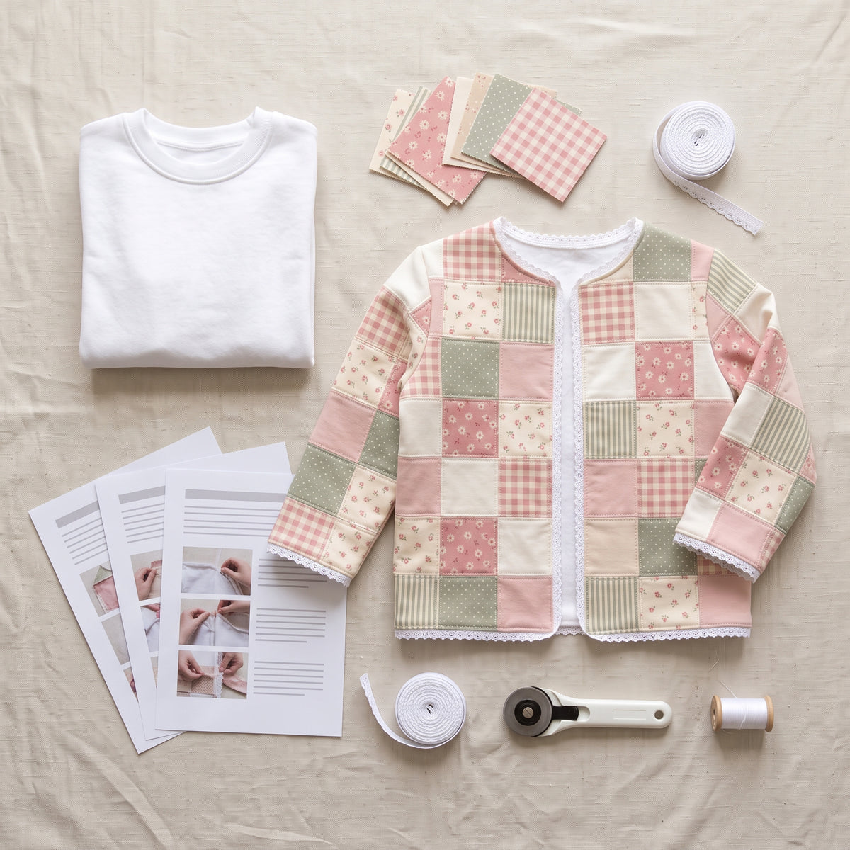 Kids Patchwork Sweatshirt Jacket PDF Sewing Pattern, Girls Upcycle with Mini Charm Squares, Lace Trim, Sizes 2–12 Years