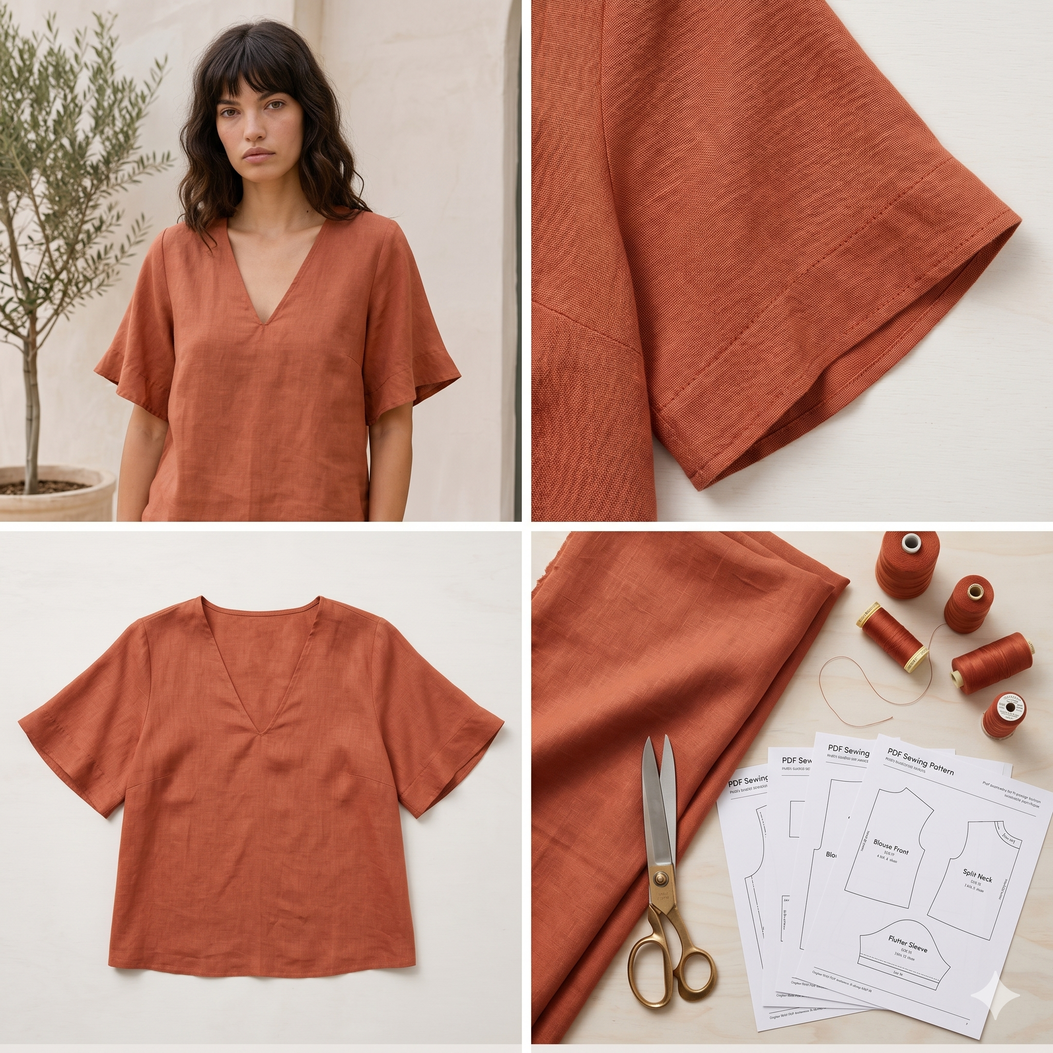 Linen Flared Sleeve Blouse Sewing PatternVintage V-Neck Top (XS-4XL) (PDF Pattern,Dijital Download)