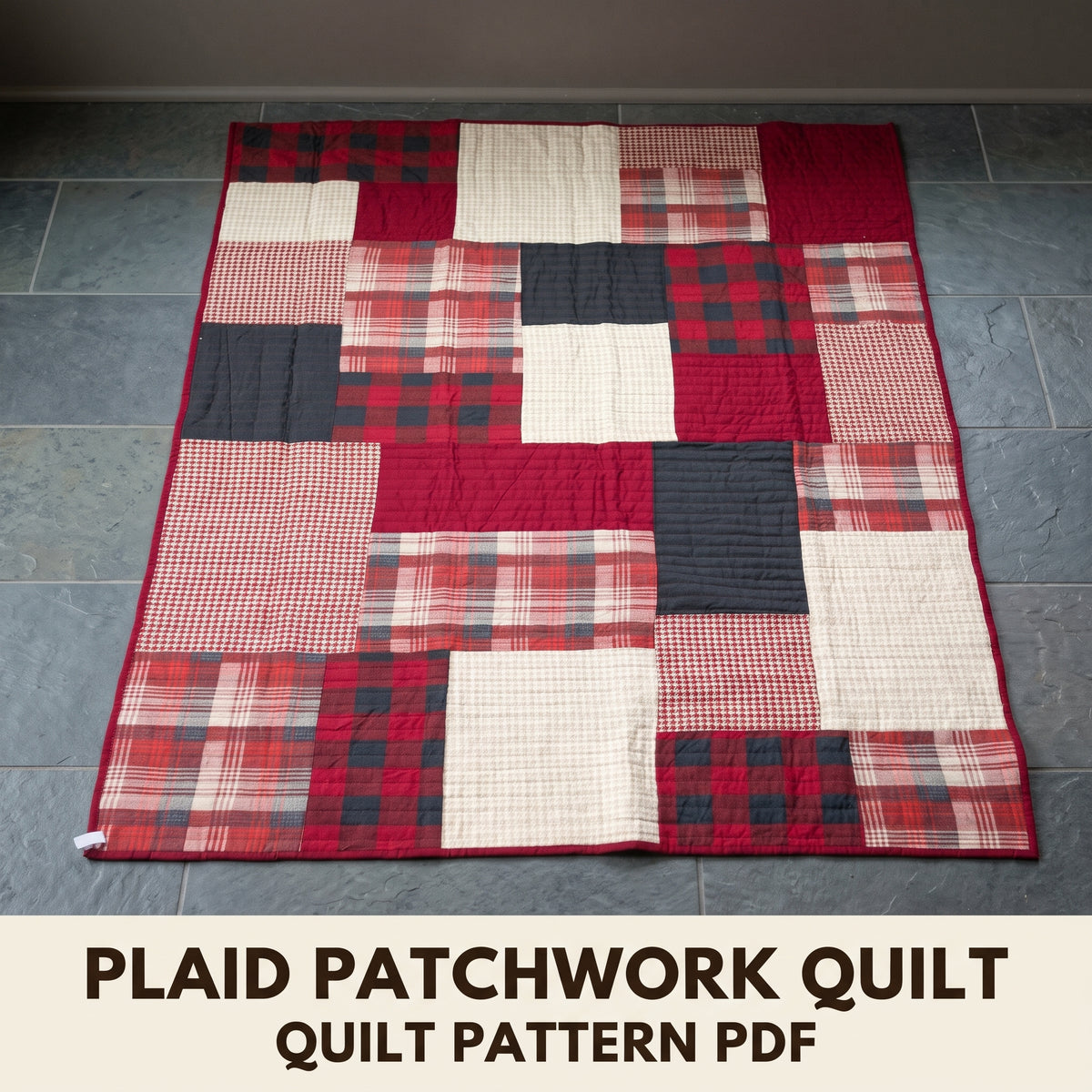 Plaid Patchwork Quilt Pattern PDF, Big Block Flannel Quilt in Buffalo Check and Cream, Throw Twin and Queen