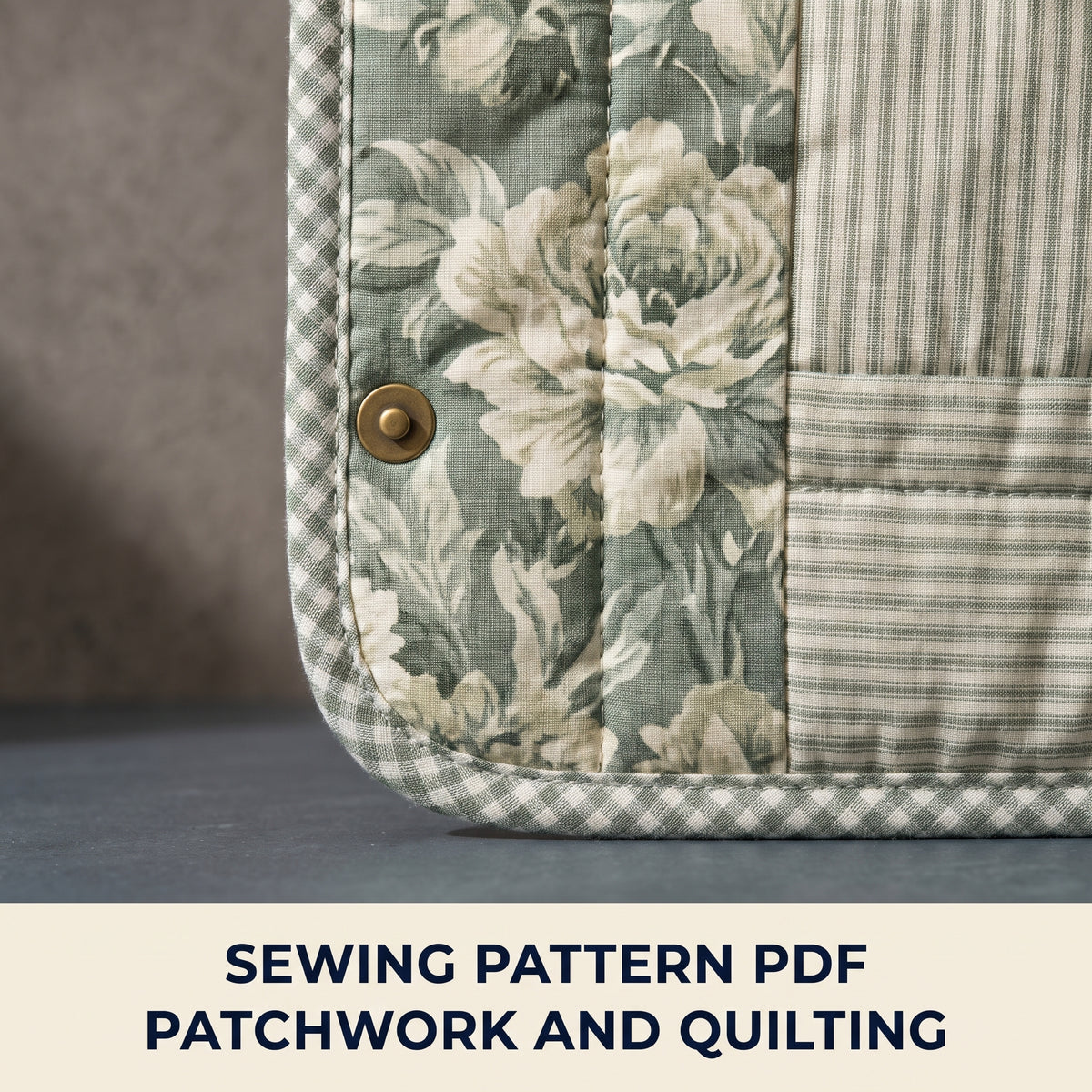 Quilted Patchwork Hooded Jacket Sewing Pattern PDF – Sage and Cream Florals, Snap Front, Oversized, XS to 4XL