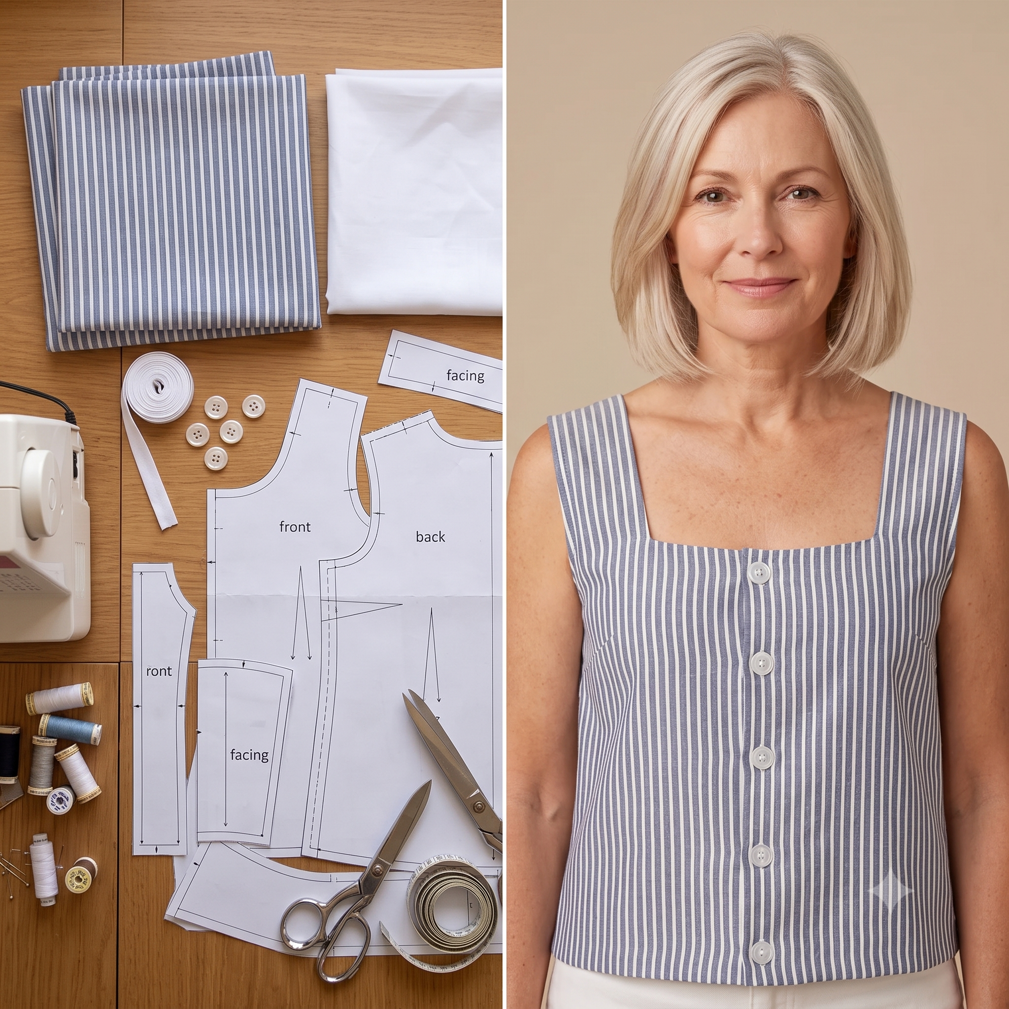 Square Neck Top Sewing Pattern PDF | Fully Lined Button-Front Summer Top, Reversible | Sizes 34-48 | Beginner Friendly | Instant Download