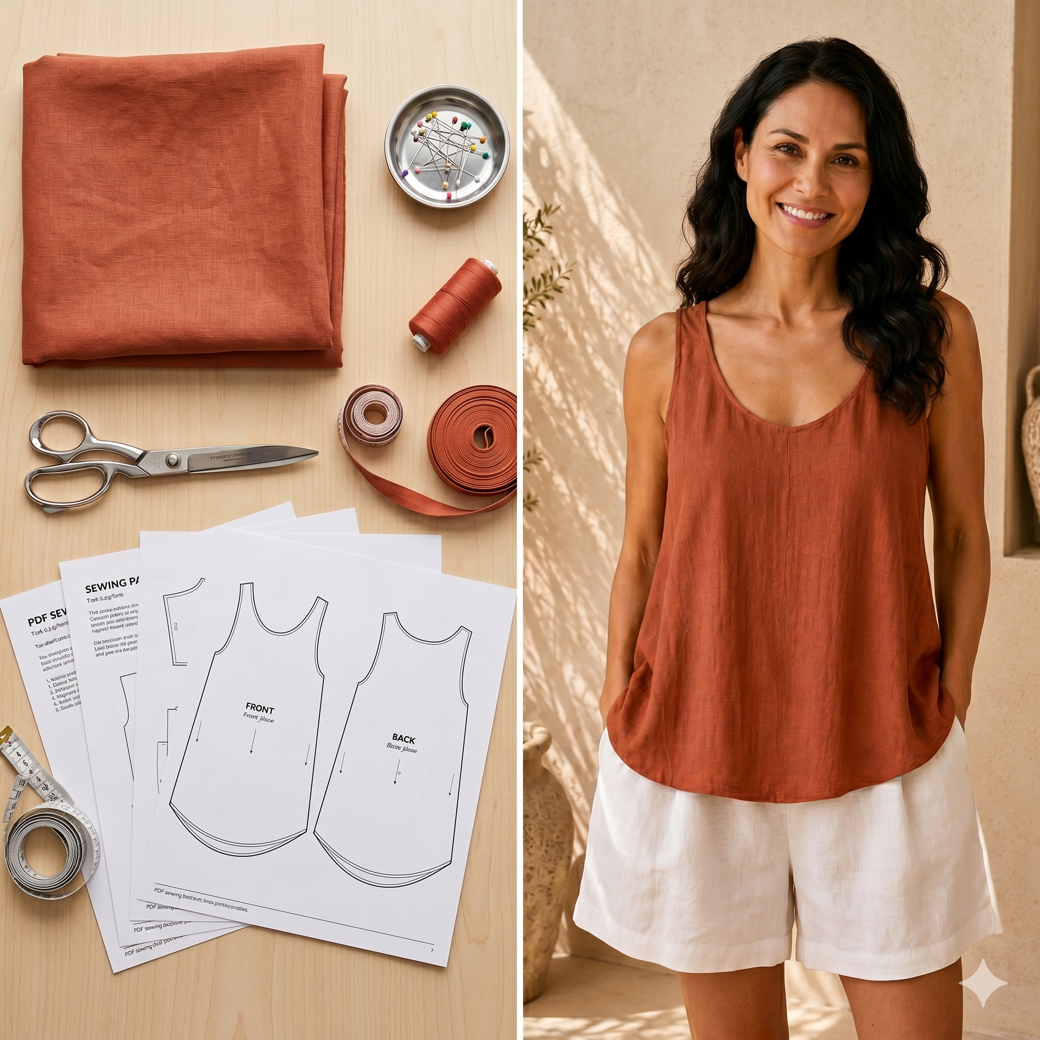 Linen Tank Top Sewing Pattern PDF | A-Line Scoop Neck Top Pattern for Women, Easy Summer Tank, Beginner, Sizes XS-5XL, Instant Download
