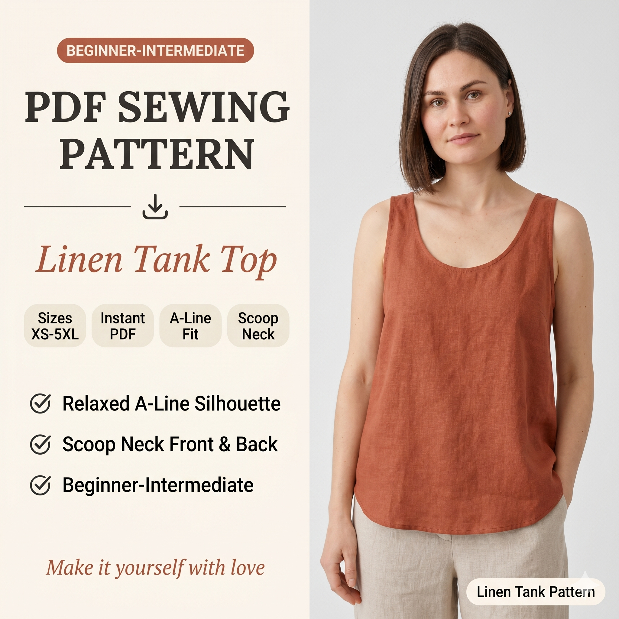 Linen Tank Top Sewing Pattern PDF | A-Line Scoop Neck Top Pattern for Women, Easy Summer Tank, Beginner, Sizes XS-5XL, Instant Download