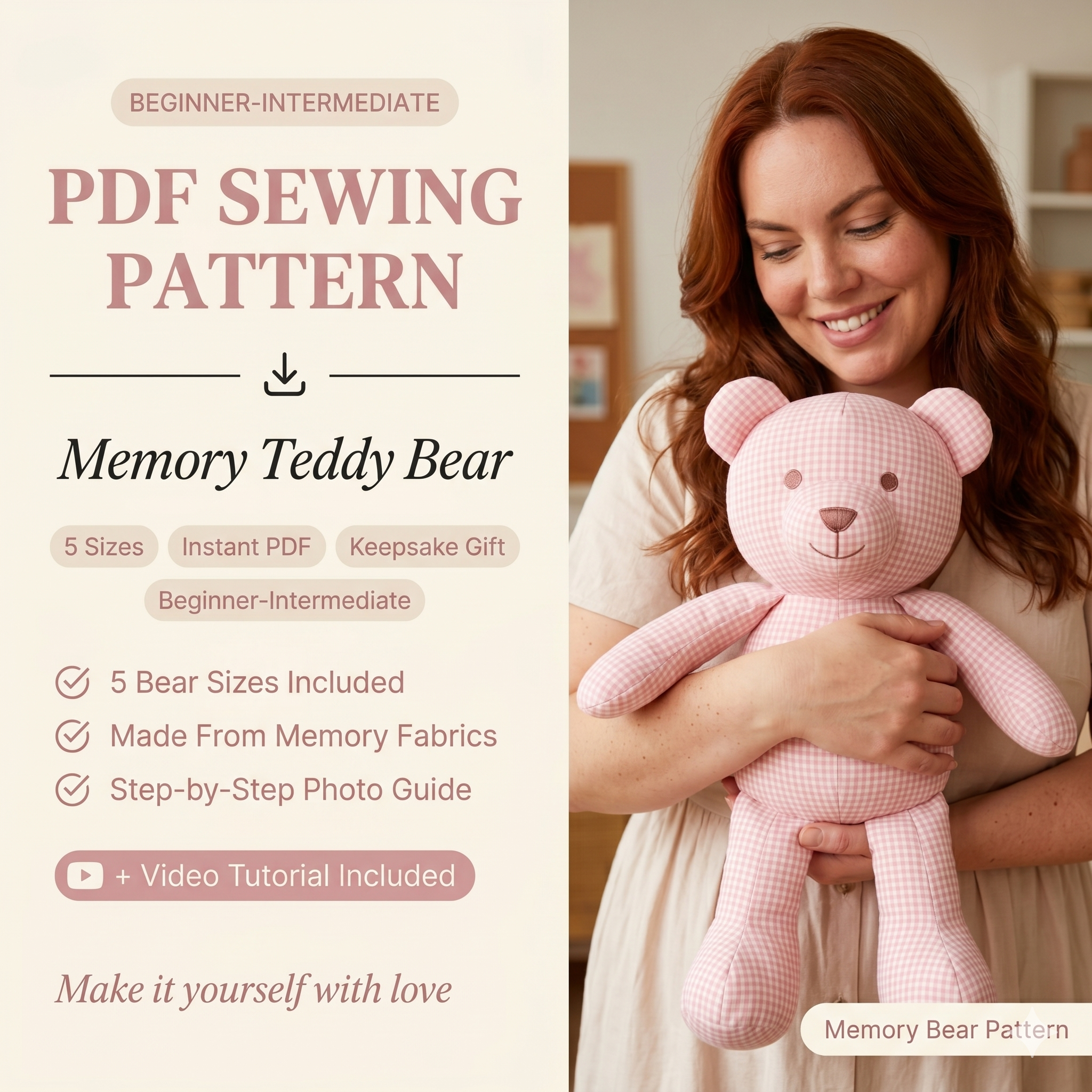 Memory Teddy Bear 5 sizes PDF Pattern + Video sewing for beginners, easy DIY gift