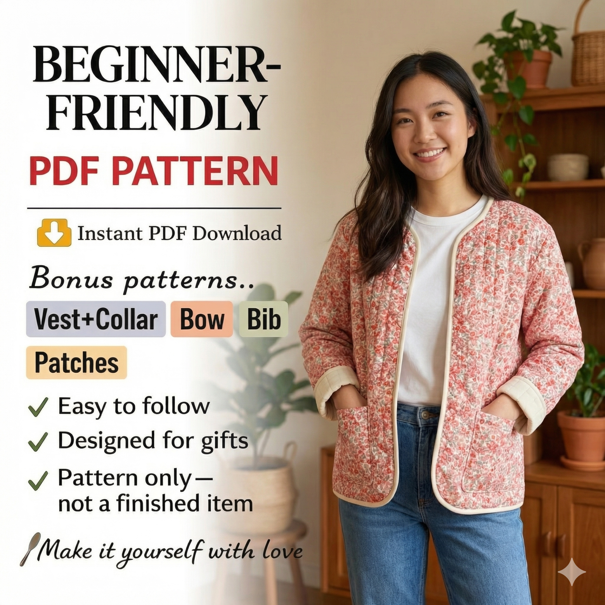 Quilted Jacket Beginner Sewing Pattern | Sizes XXS-5XL | Jacket Cardigan Pattern