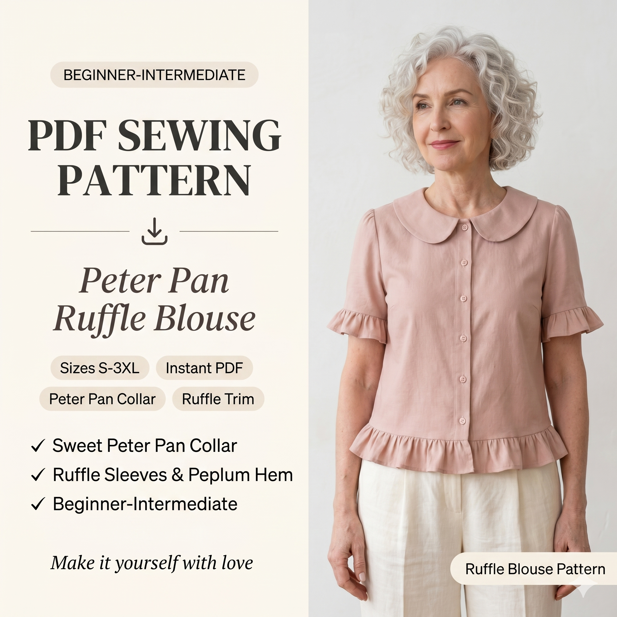 Ruffle Blouse Sewing Pattern PDF | Peter Pan Collar Top Pattern, Short Sleeve Button Up Shirt for Women, Sizes S-3XL, Instant Download