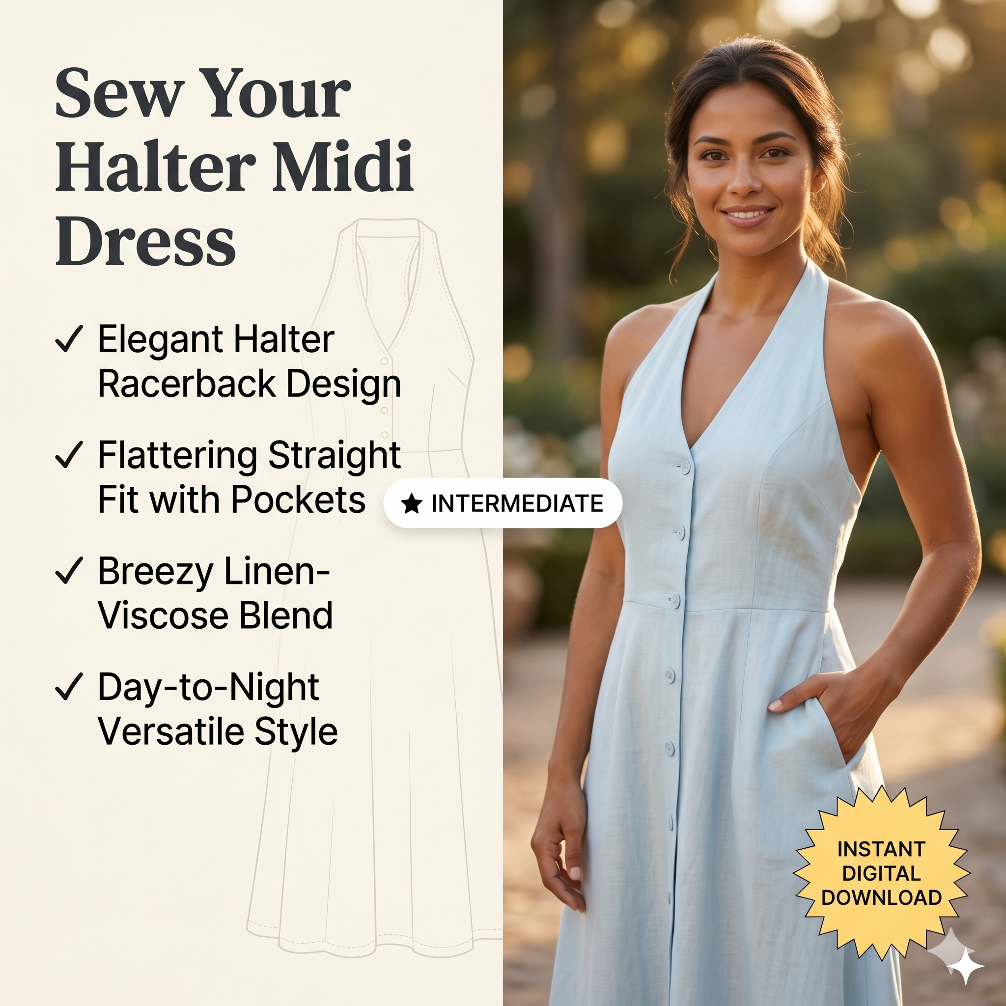 ✨ Heleninha Button-Front Halter Maxi Dress – Instant Download PDF Sewing Pattern