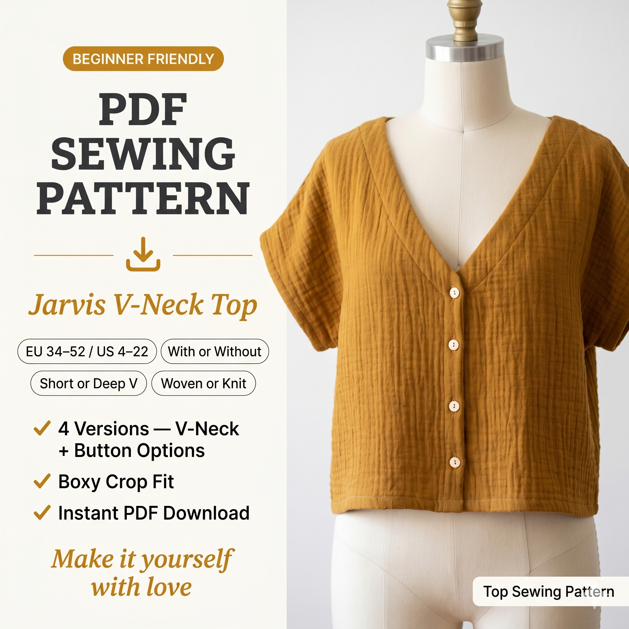 Jarvis V-Neck Blouse Sewing Pattern: Knit or Woven (Digital PDF) (EU 34-52 US 4-22)