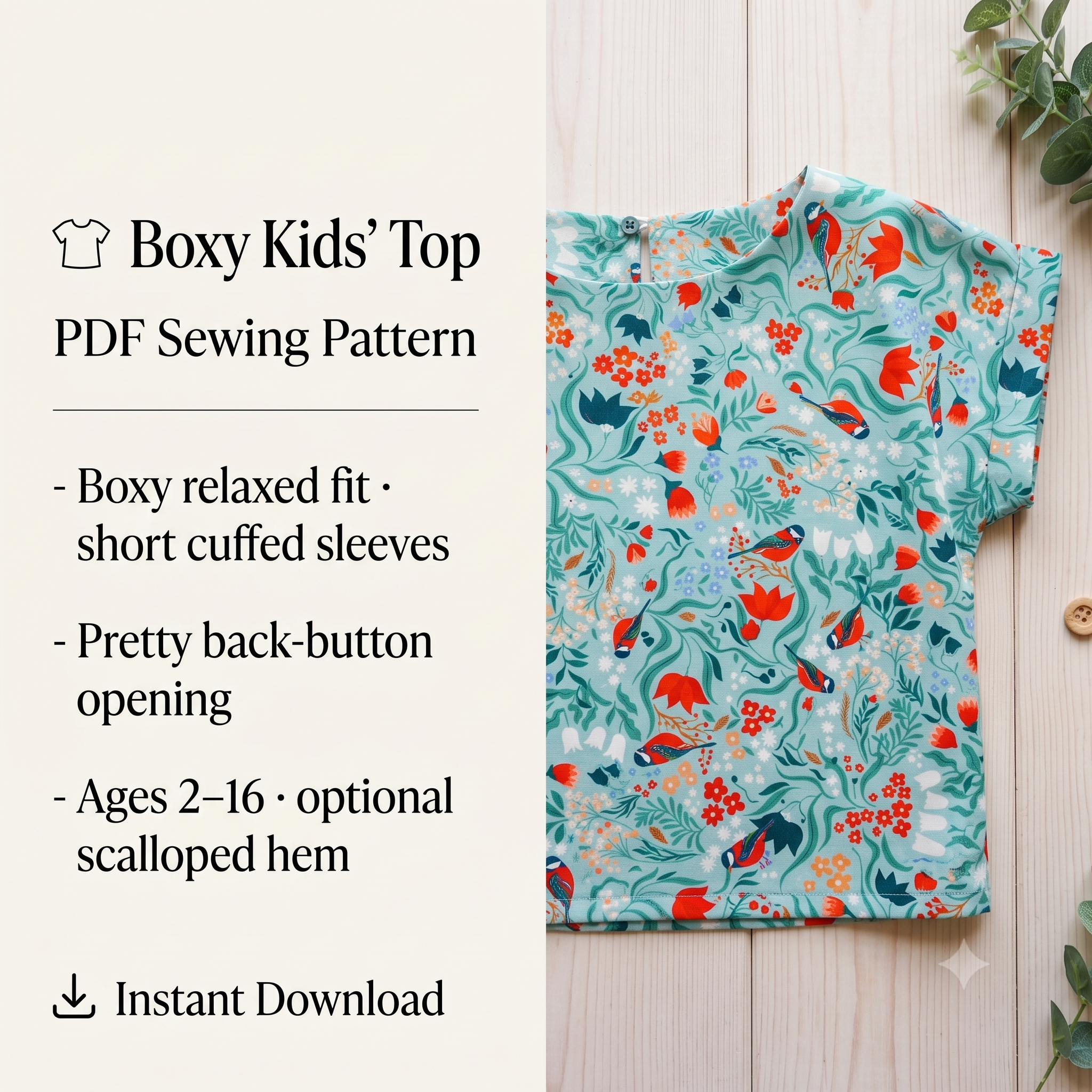 Kids Top PDF Sewing Pattern, Girls Blouse Sewing Pattern, Children's Boxy Top Pattern, Ages 2-16 Instant Download