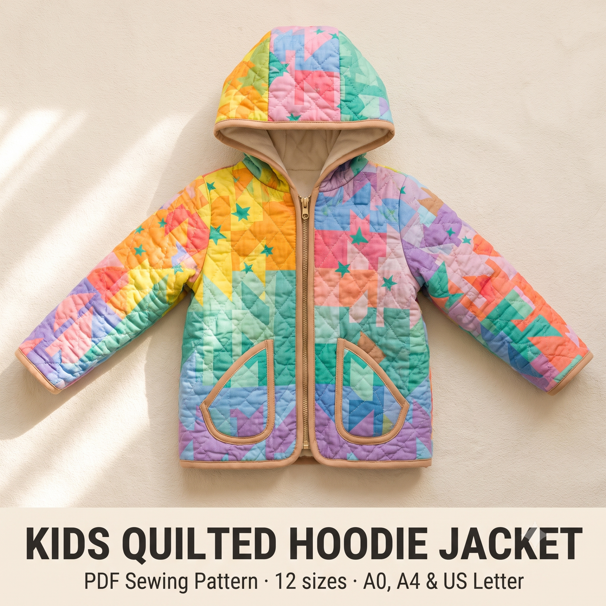 Kids Quilted Hoodie Jacket Sewing Pattern | 12 Sizes, 6 Months to 12 Years | PDF | A0, A4 & US Letter