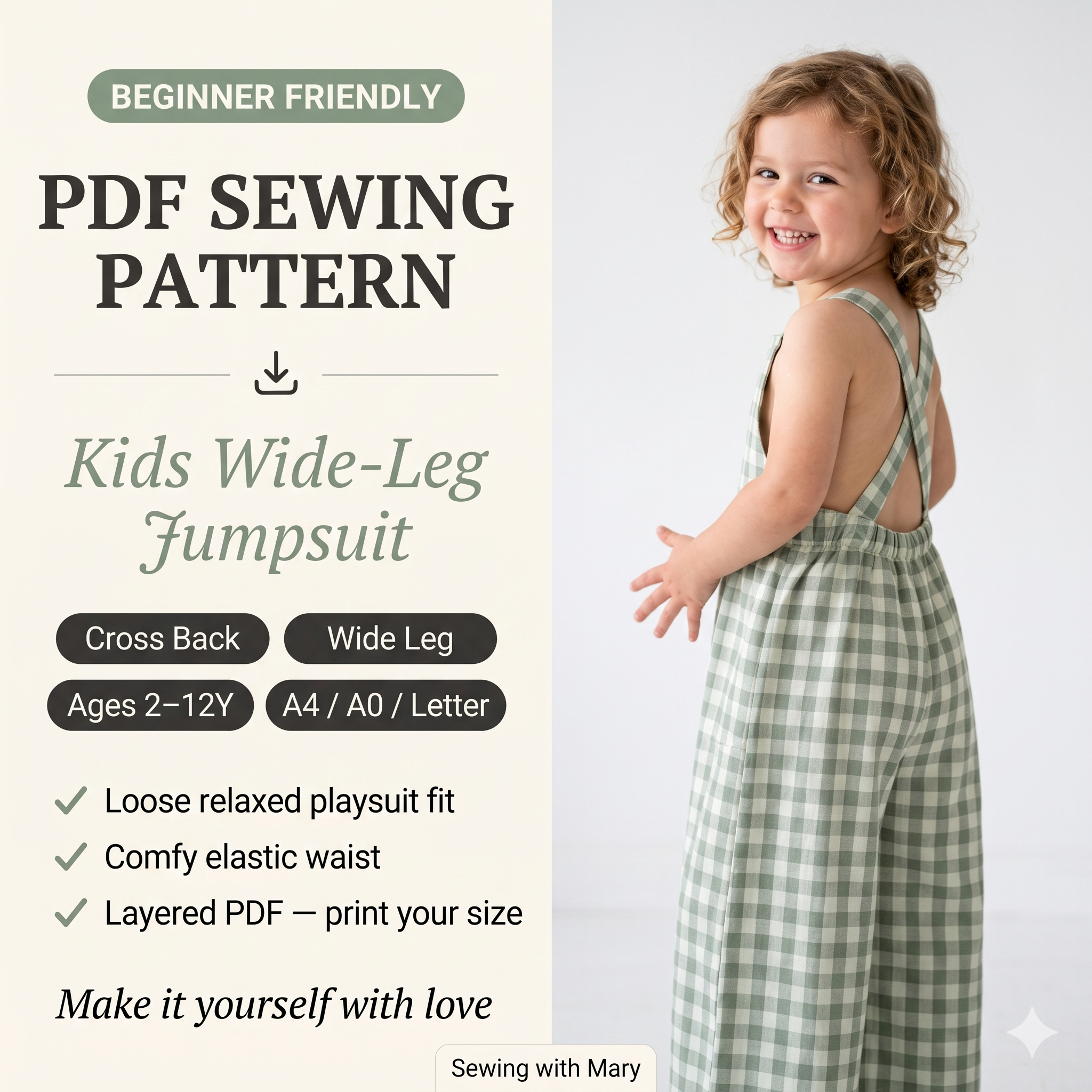 Kids Cross-Back Jumpsuit โ Sewing Pattern (PDF) | Wide-Leg Toddler Romper 2Yโ12Y