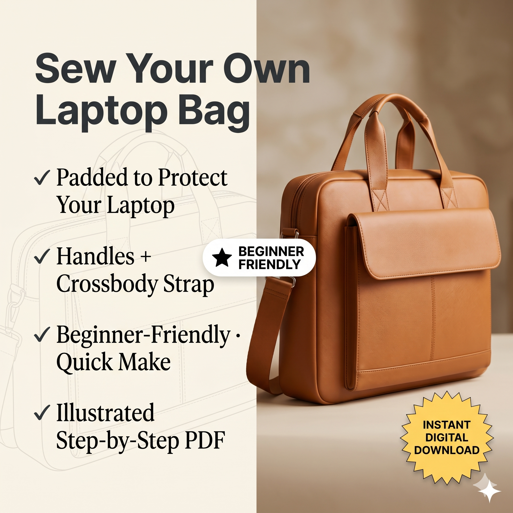 Laptop Bag Sewing Pattern | Bag Pattern | Beginner Pattern | Briefcase Pattern | Sewing Pattern | PDF Sewing Pattern | Easy Bag Pattern
