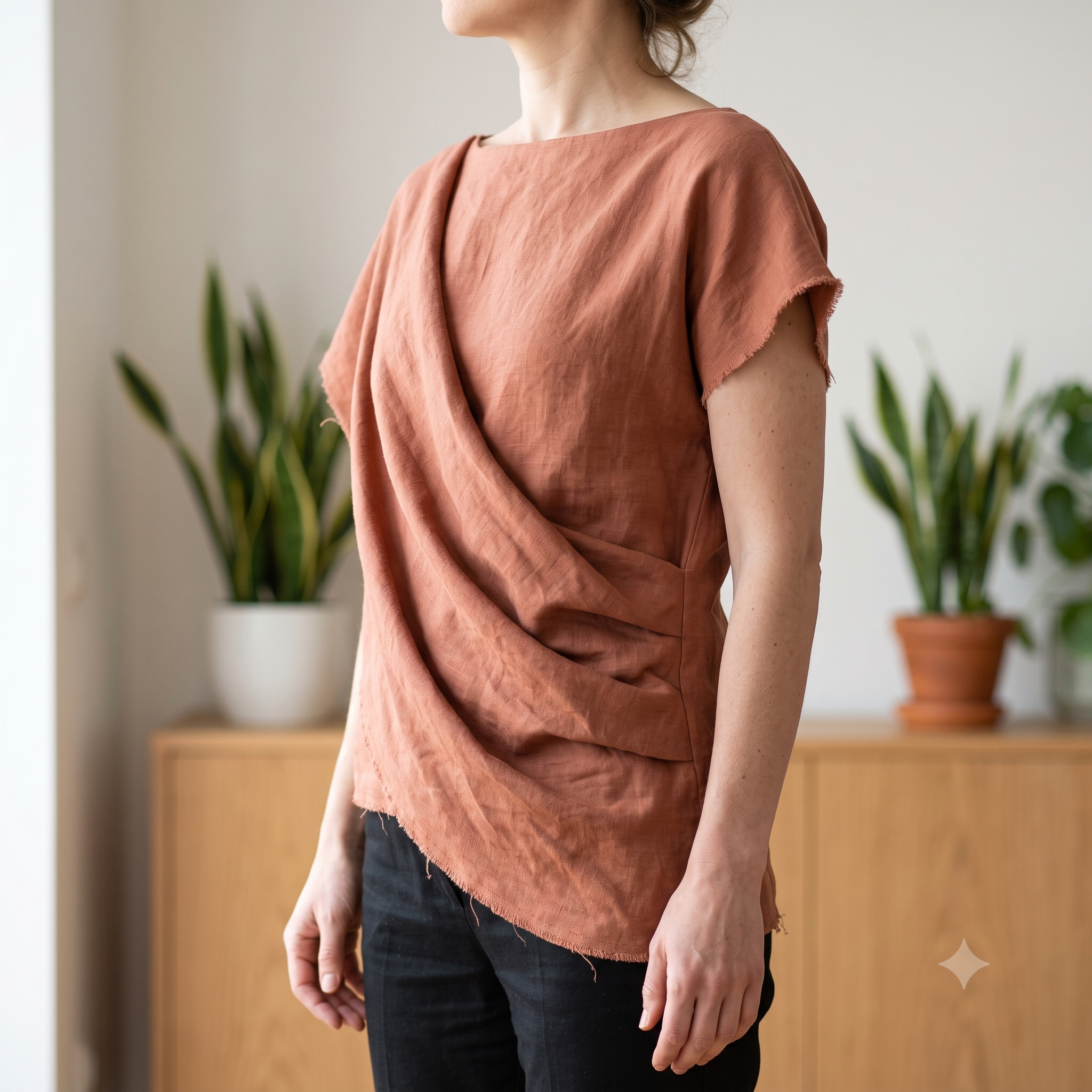 Draped Linen Top Sewing Pattern PDF, Asymmetric Wrap Blouse Pattern, Boat Neck Cap Sleeve Summer Top, US Sizes 0-22, Instant Download