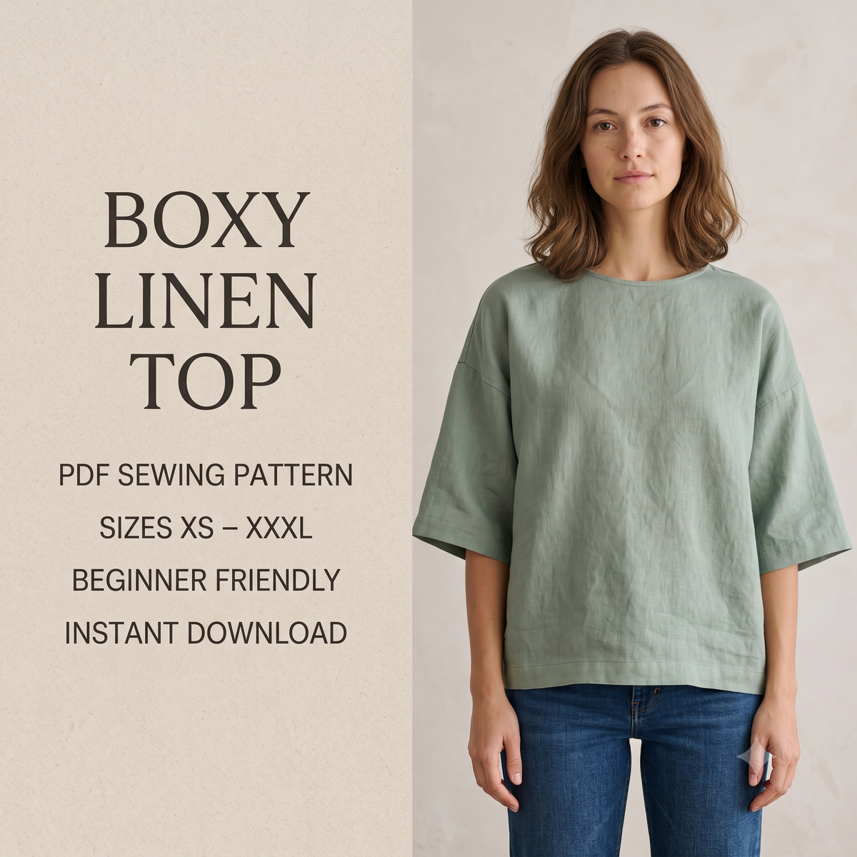 Linen Top Sewing Pattern PDF, Boxy Drop Shoulder Blouse, Easy Beginner Summer Top, Round Neck Loose Fit, XS-XXXL, Instant Download