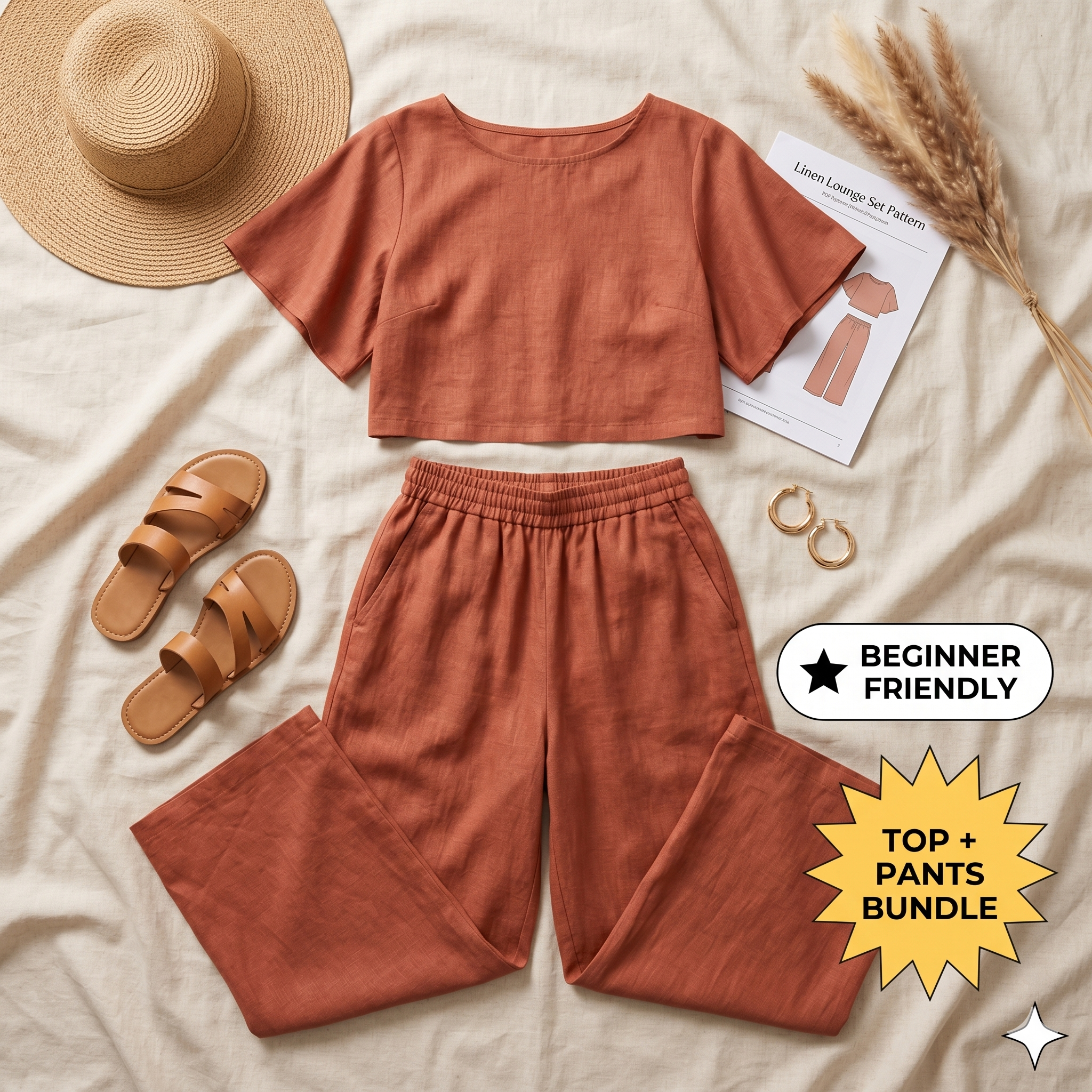 ✨ Linen Lounge Set – Cropped Top & Palazzo Pants – Instant Download PDF Sewing Pattern