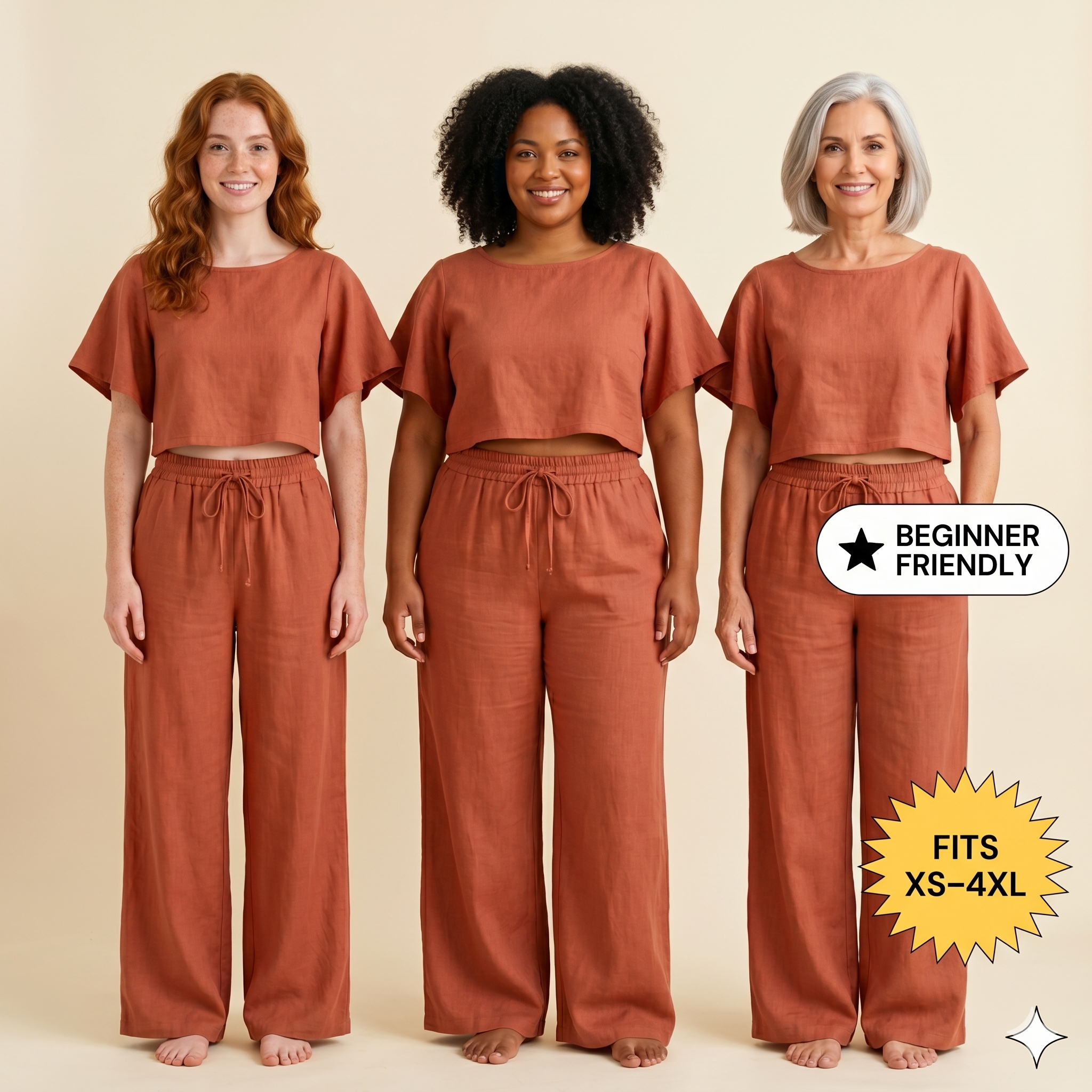 ✨ Linen Lounge Set – Cropped Top & Palazzo Pants – Instant Download PDF Sewing Pattern