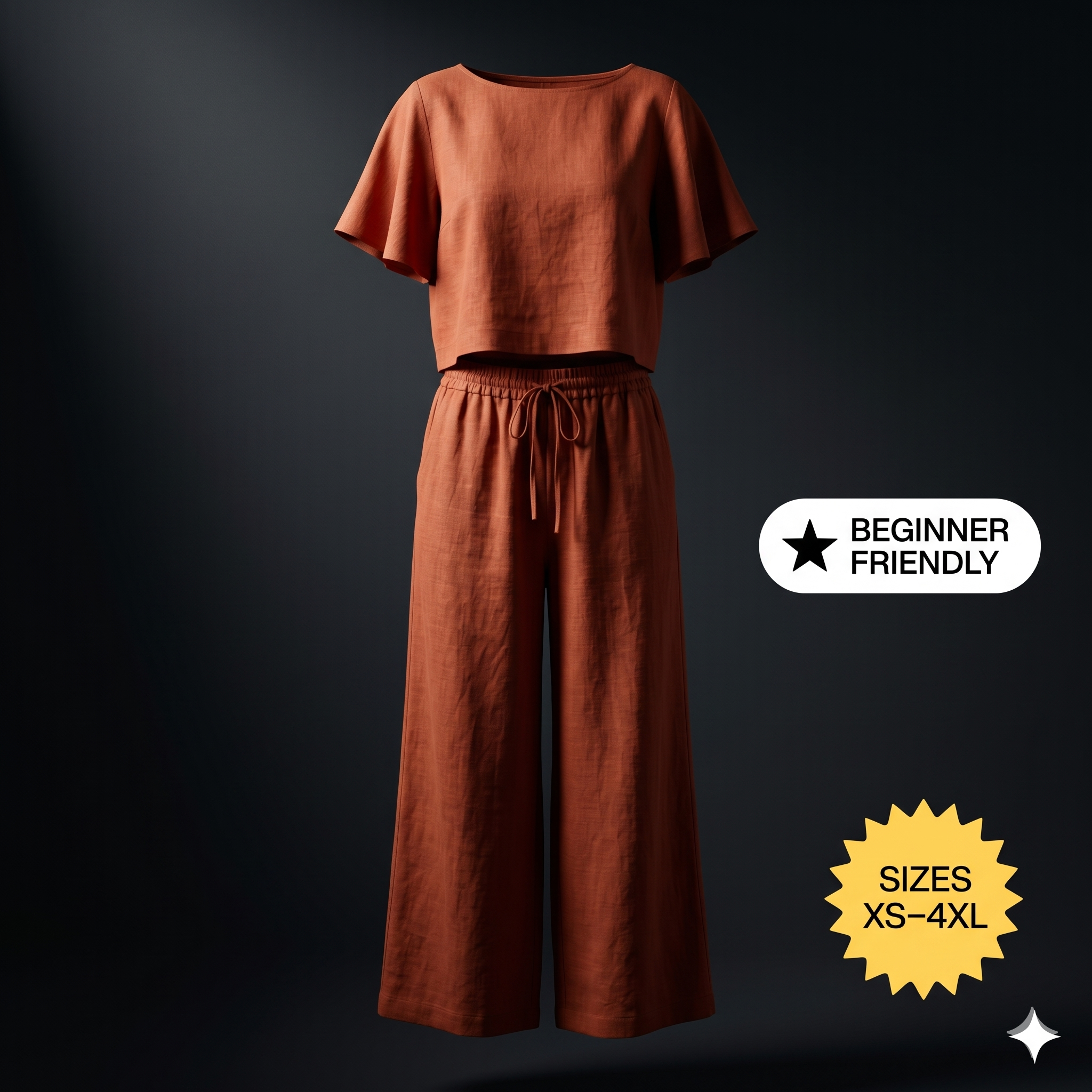 ✨ Linen Lounge Set – Cropped Top & Palazzo Pants – Instant Download PDF Sewing Pattern