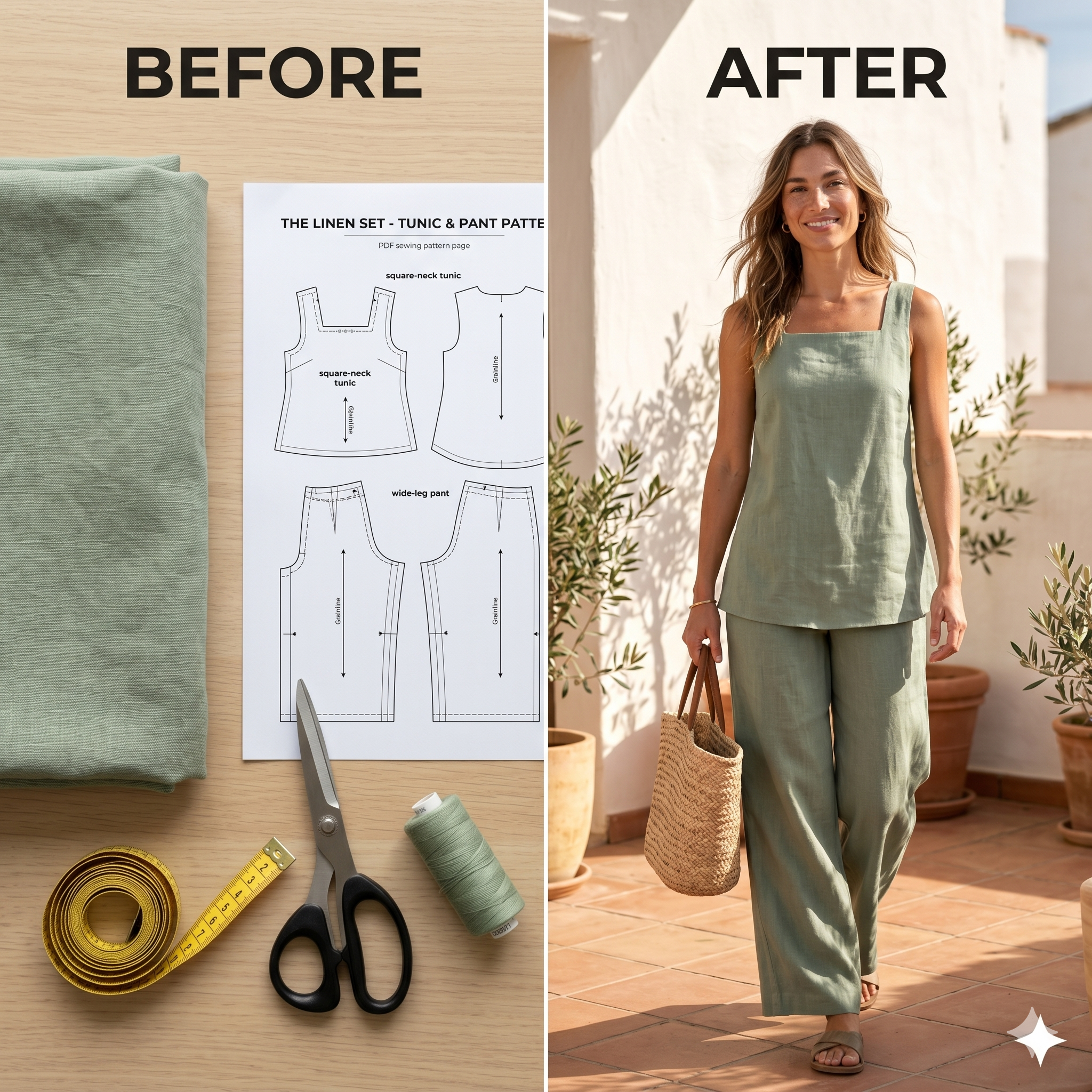 Linen Tunic and Linen Pants Sewing Patterns Set, Linen Tunic Top(2 version),Square Neck Tunic, Pull On Pants Set Pattern, A0 A4 US Letter