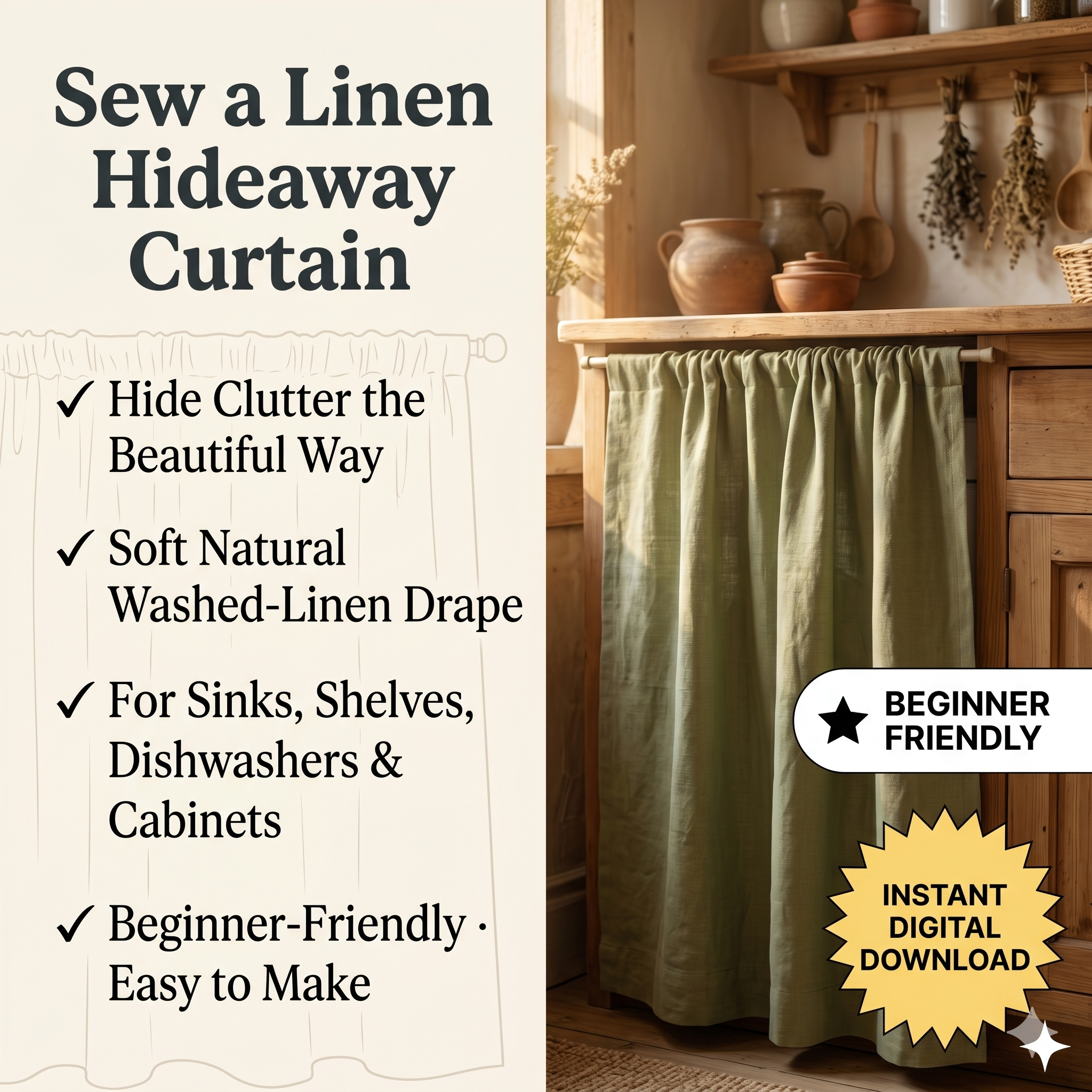 Linen Hideaway Curtain – Instant Download PDF Sewing Pattern