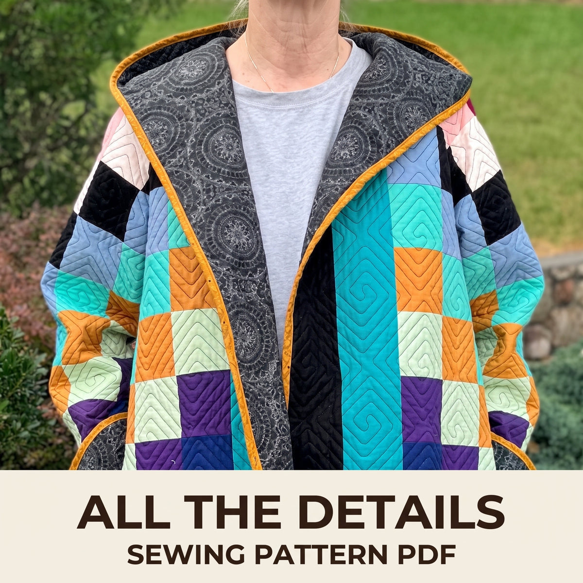Long Quilted Coat Sewing Pattern PDF, Hooded Patchwork Duster in Solid Squares with Spiral Quilting, XS–3XL