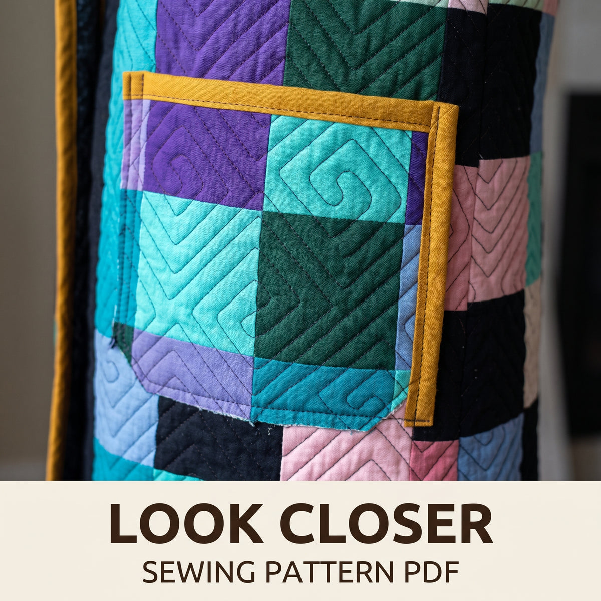 Long Quilted Coat Sewing Pattern PDF, Hooded Patchwork Duster in Solid Squares with Spiral Quilting, XS–3XL