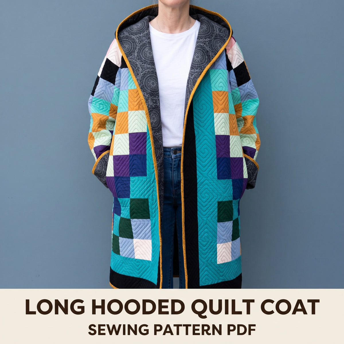 Long Quilted Coat Sewing Pattern PDF, Hooded Patchwork Duster in Solid Squares with Spiral Quilting, XS–3XL