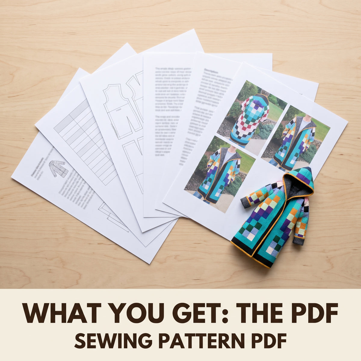Long Quilted Coat Sewing Pattern PDF, Hooded Patchwork Duster in Solid Squares with Spiral Quilting, XS–3XL
