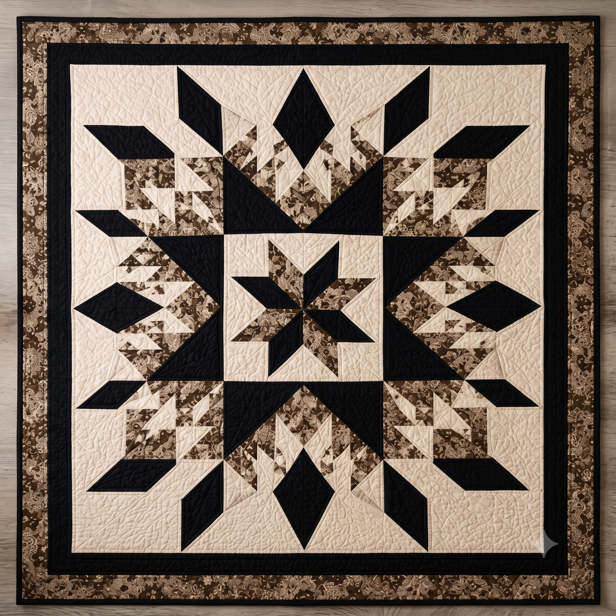 Midnight Starburst Quilt Pattern PDF | Full, Queen & King | Feathered Star Medallion Quilt | Black, Cream & Floral | Instant Download