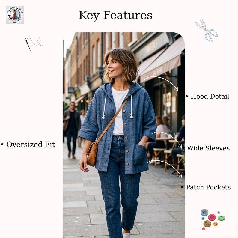 Hooded Jacket Sewing Pattern PDF, Linen Oversized Jacket Pattern, Minimalist Women Coat Pattern, DIY Sewing Pattern, Instant Download