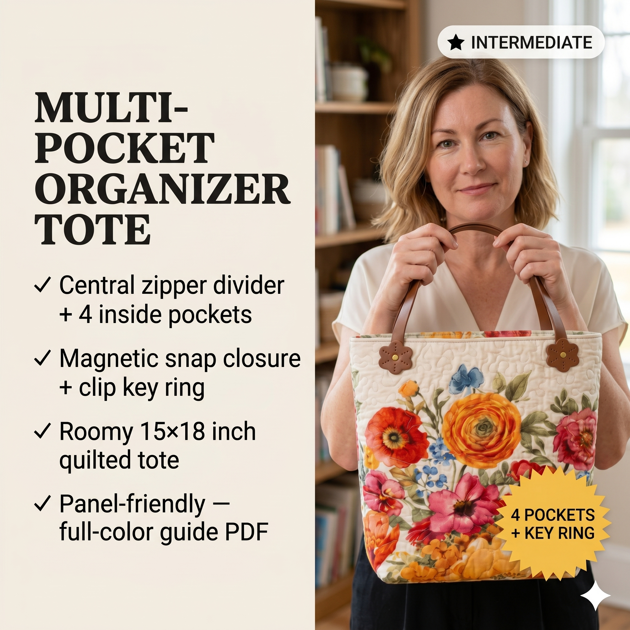 Multi-Pocket Tote Bag Sewing Pattern PDF | Zipper Divider Bag | 15"x18" Panel Fabric Friendly Tote | DIY Quilted Market Bag Instant Download