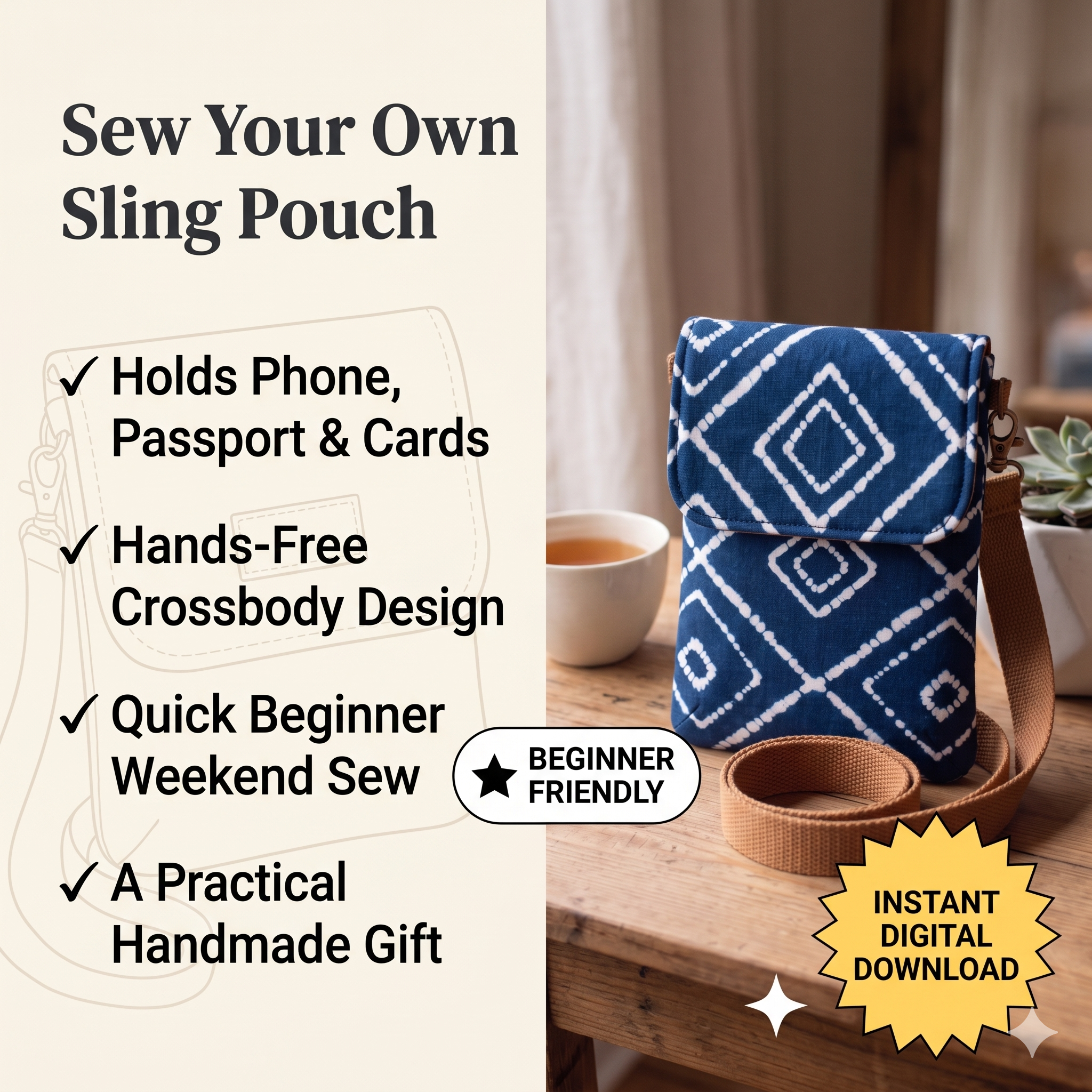 Noor Crossbody Sling Pouch PDF Sewing Pattern | Beginner Crossbody Phone Bag Tutorial | DIY Minimalist Passport Purse | Small Sling Bag Make
