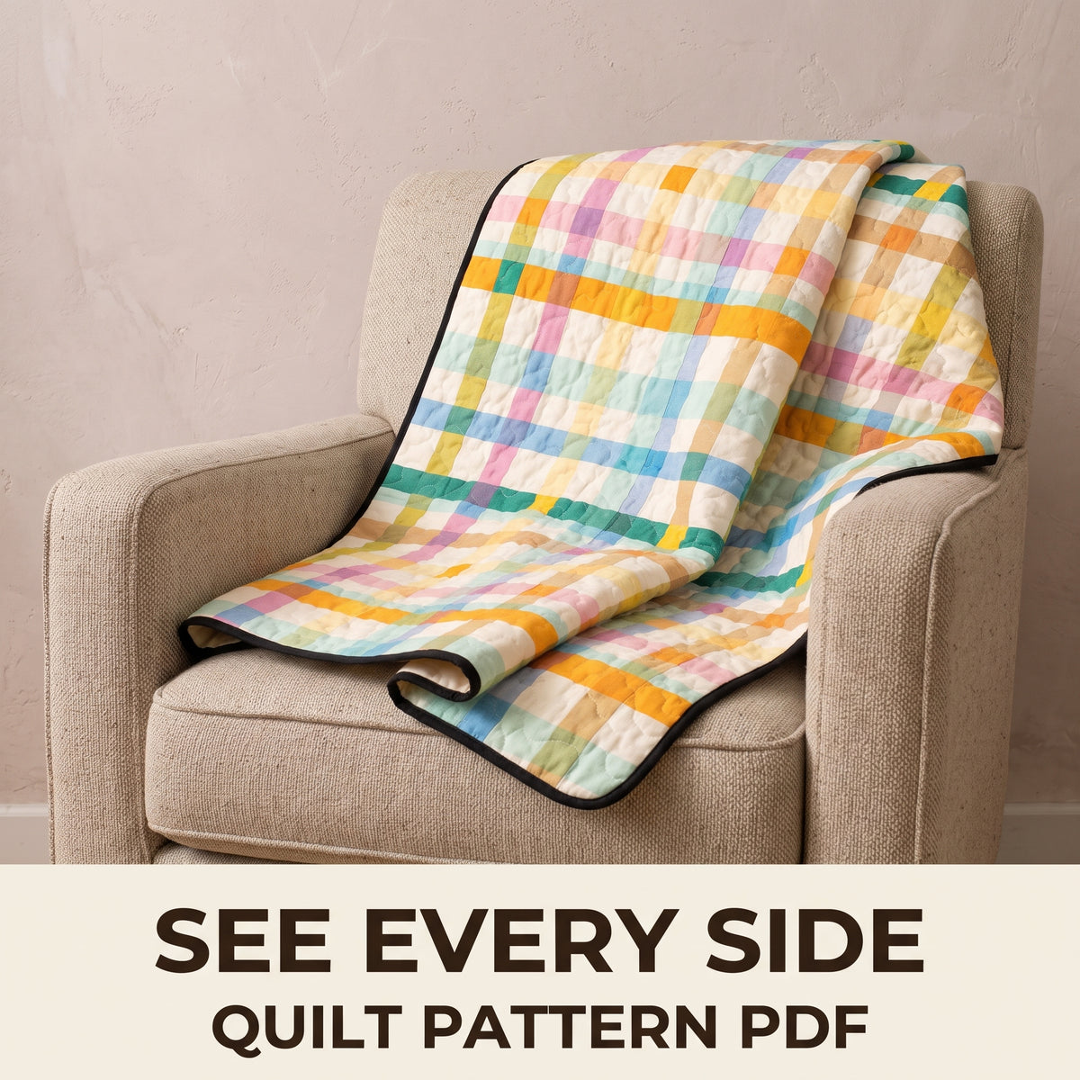 Pastel Plaid Quilt Pattern PDF, Modern Watercolor Check Quilt with Strips on Ivory, Baby Throw and Twin
