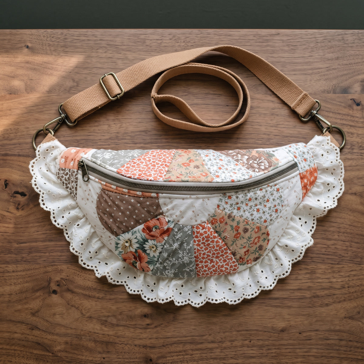 Patchwork Fanny Pack Sewing Pattern PDF, Half Moon Belt Bag with Lace Ruffle and Curved Zipper, Vintage Quilt Upcycle
