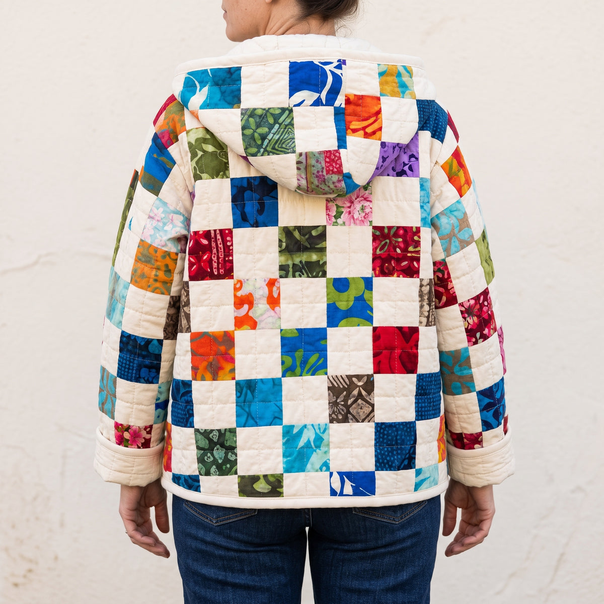 Patchwork Quilted Jacket Sewing Pattern PDF, Hooded Quilt Coat with Patch Pockets, Scrap Checkerboard, Sizes XS to 3XL