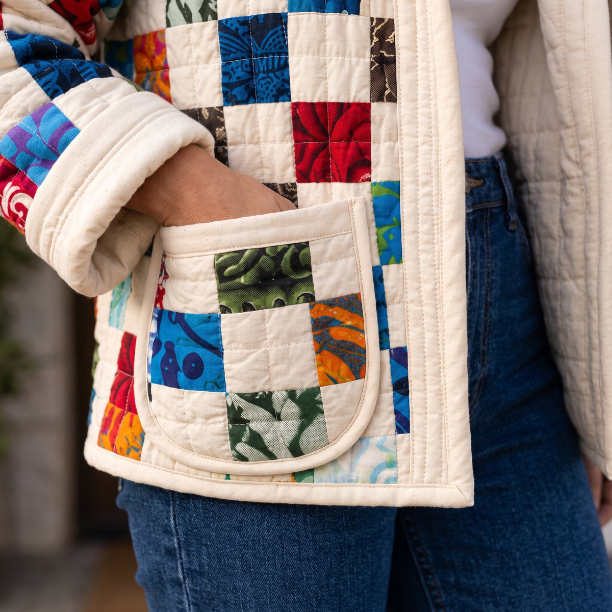 Patchwork Quilted Jacket Sewing Pattern PDF, Hooded Quilt Coat with Patch Pockets, Scrap Checkerboard, Sizes XS to 3XL
