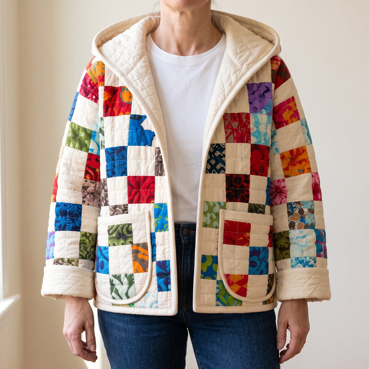 Patchwork Quilted Jacket Sewing Pattern PDF, Hooded Quilt Coat with Patch Pockets, Scrap Checkerboard, Sizes XS to 3XL