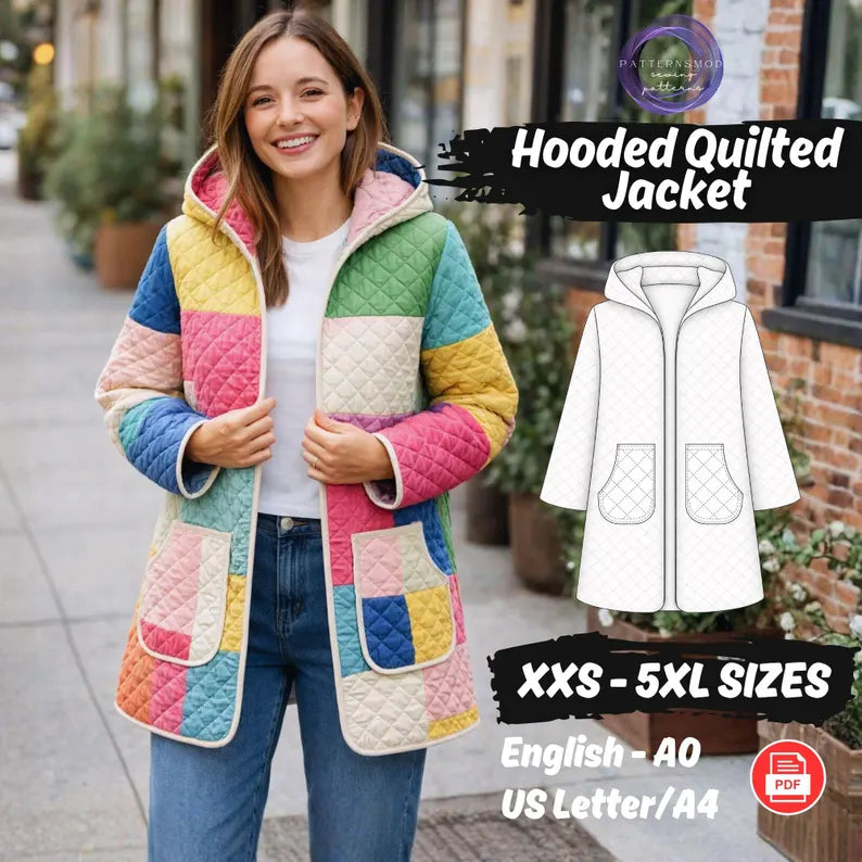 Quilted Jacket Sewing Pattern Mini Length Hooded Coat Sewing Tutorial XXS-5XL Long Sleeve Cardigan
