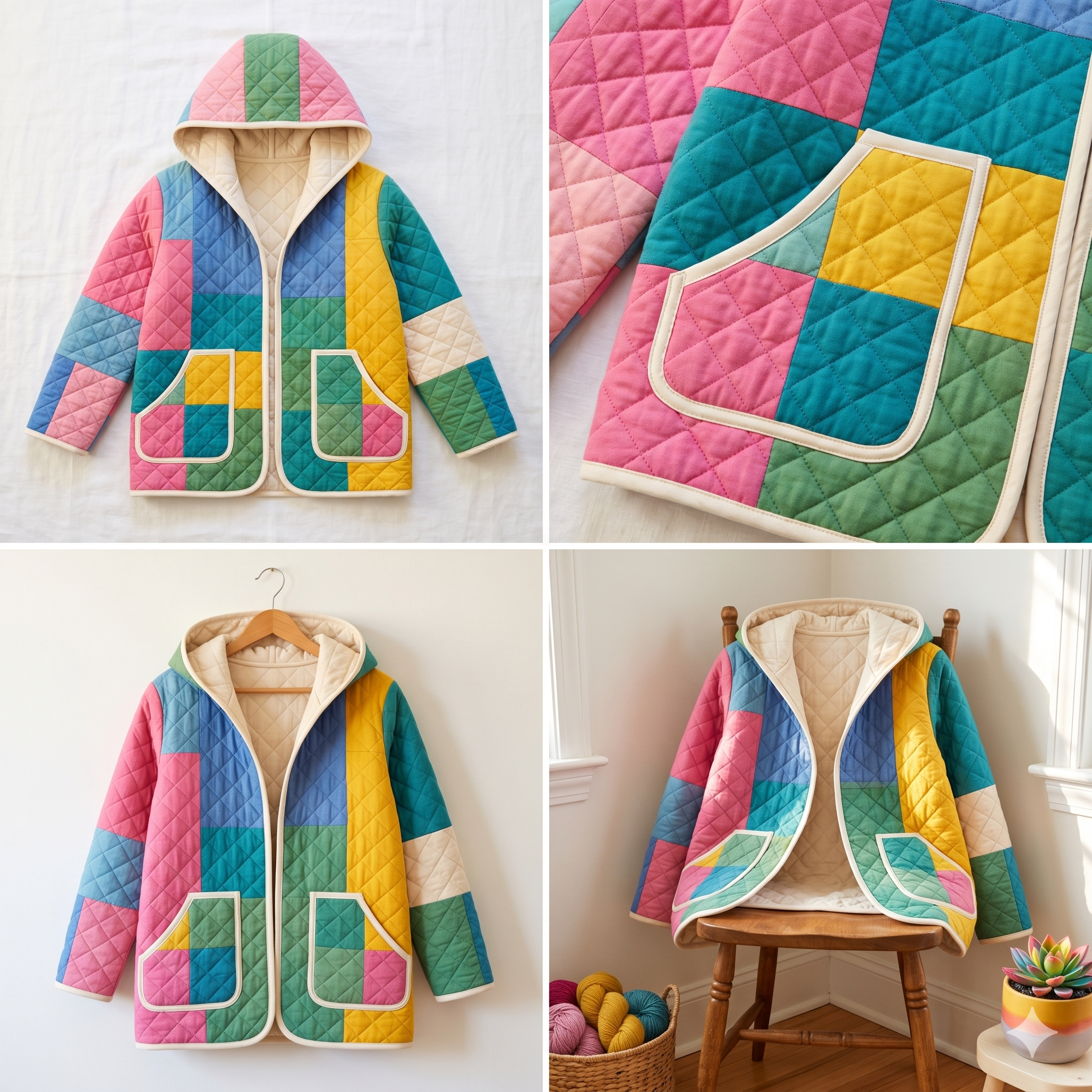 Quilted Jacket Sewing Pattern Mini Length Hooded Coat Sewing Tutorial XXS-5XL Long Sleeve Cardigan