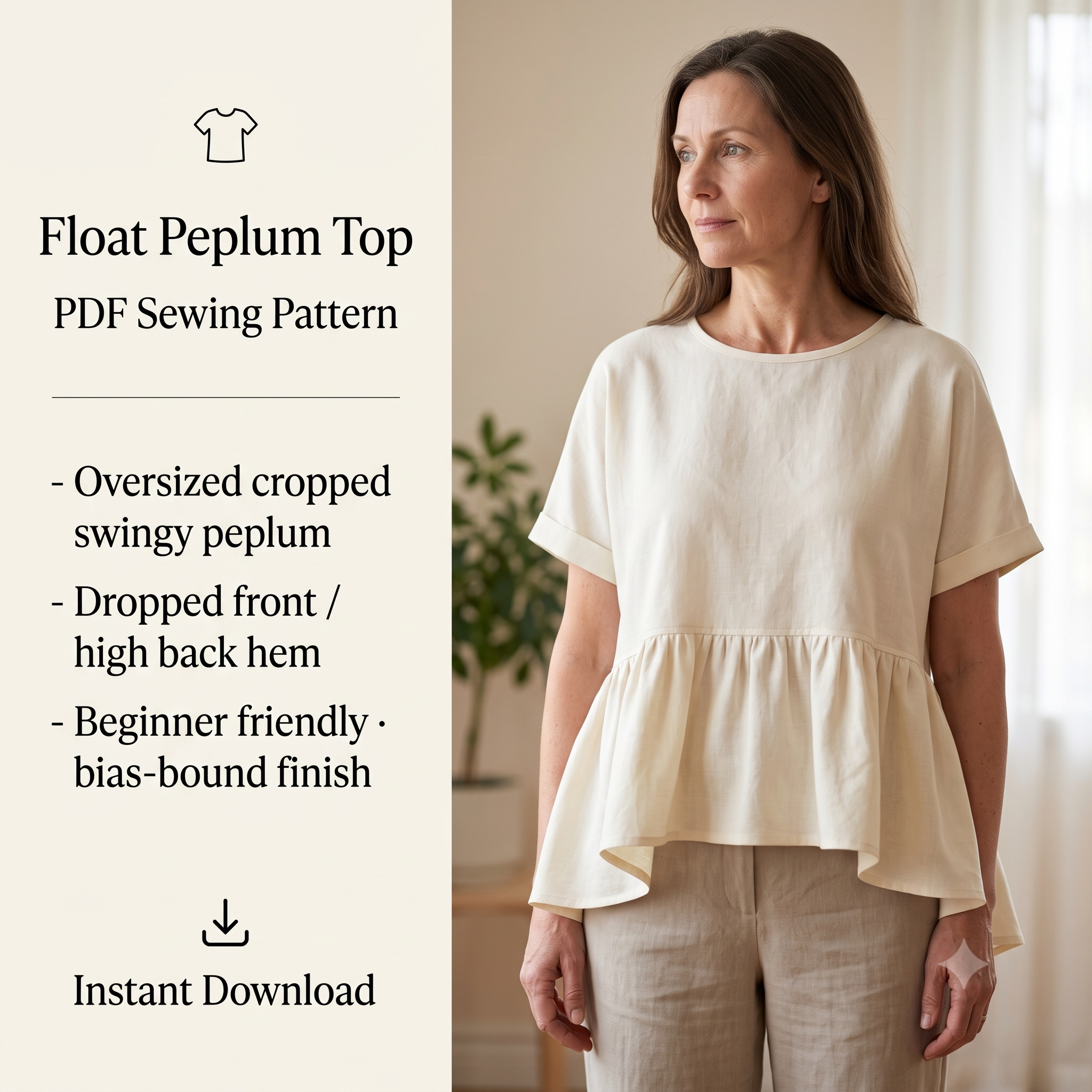 Peplum Top PDF Sewing Pattern, Cropped Swing Top Pattern, Beginner Top Sewing Pattern, Oversized Peplum Blouse Instant Download