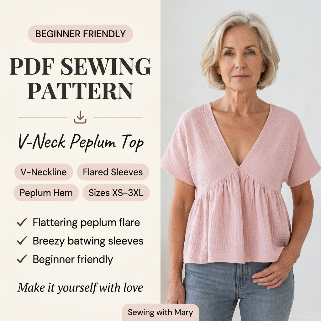 Peplum Top Sewing Pattern PDF | V-Neck Batwing Blouse Pattern for Women, Flared Sleeve Linen Top, Beginner, Sizes XS-3XL, Instant Download