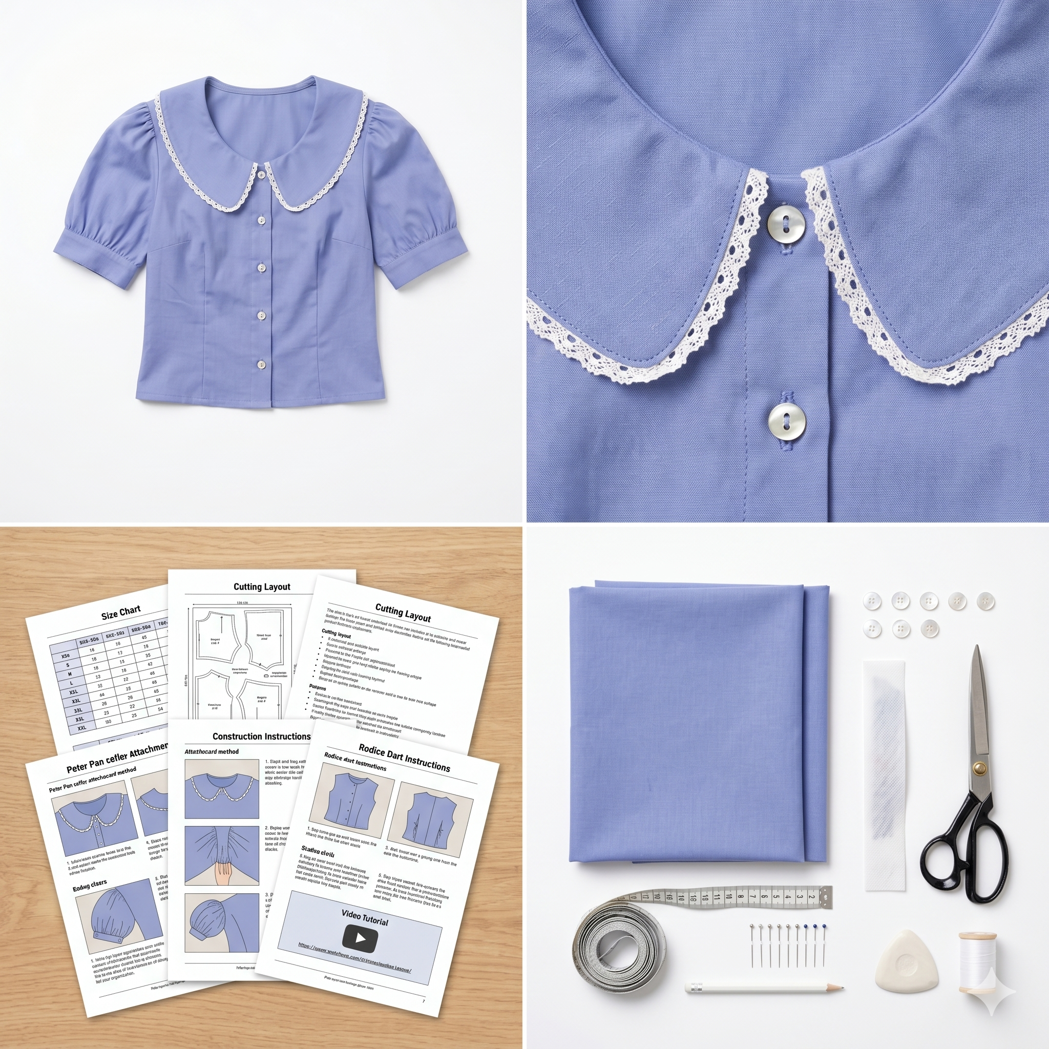 Peter Pan Collar Button-Down Blouse Sewing Pattern – Bishop Sleeves, Front Placket (PDF Download)