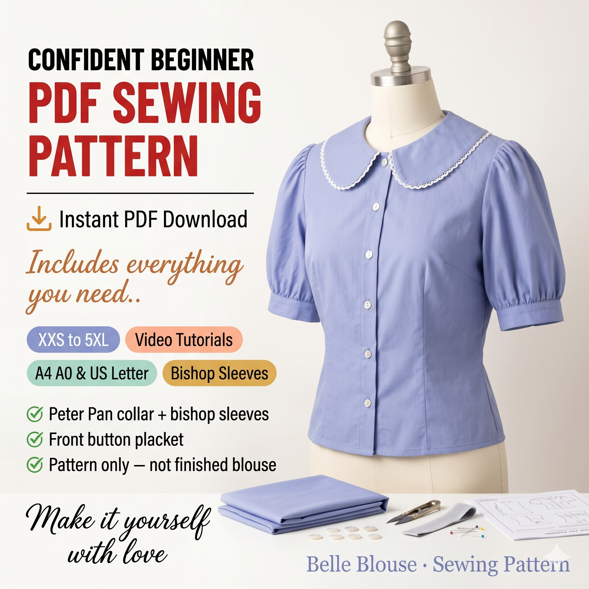 Peter Pan Collar Button-Down Blouse Sewing Pattern – Bishop Sleeves, Front Placket (PDF Download)