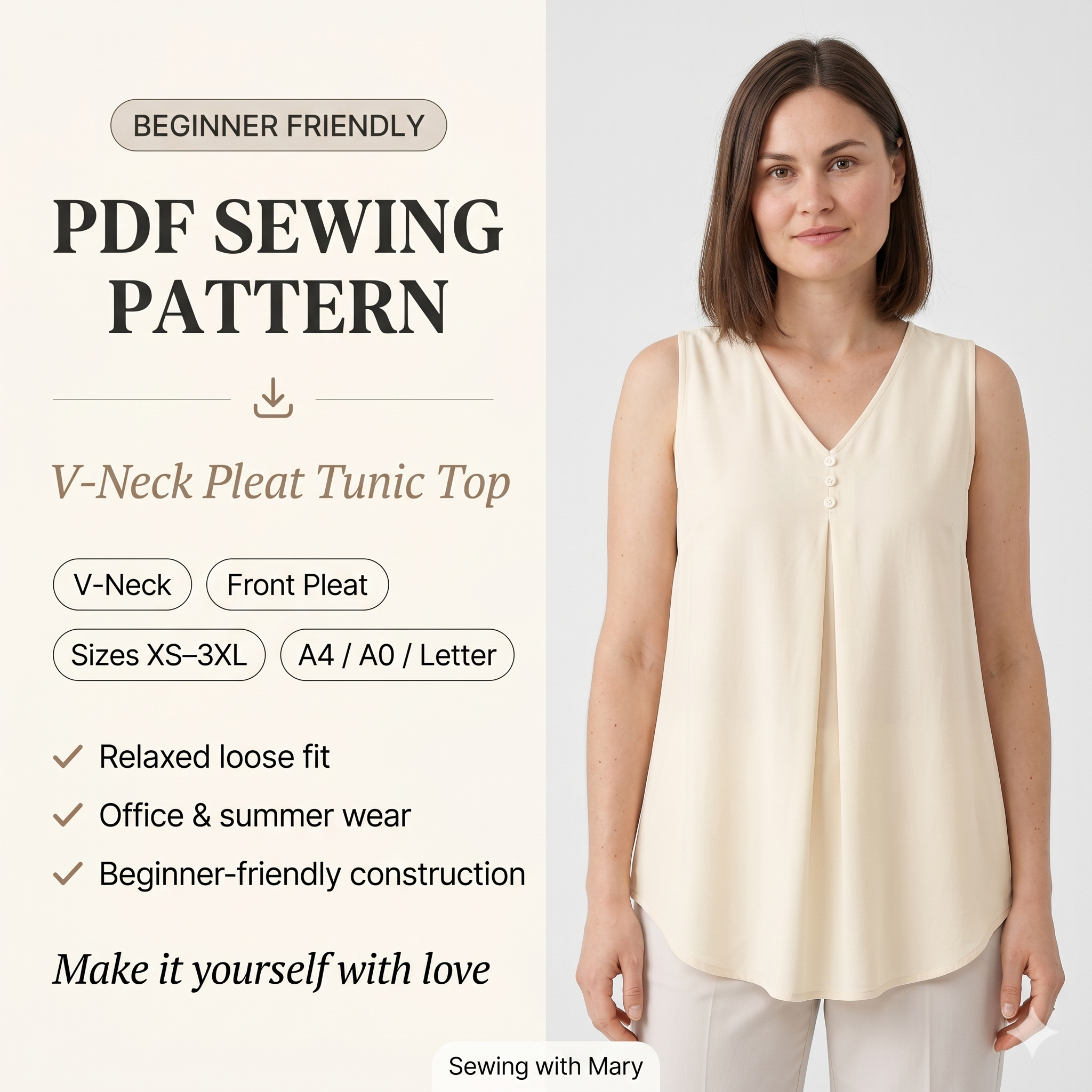 Pleated Front Sleeveless Top — Sewing Pattern (PDF) | V-Neck Summer Blouse