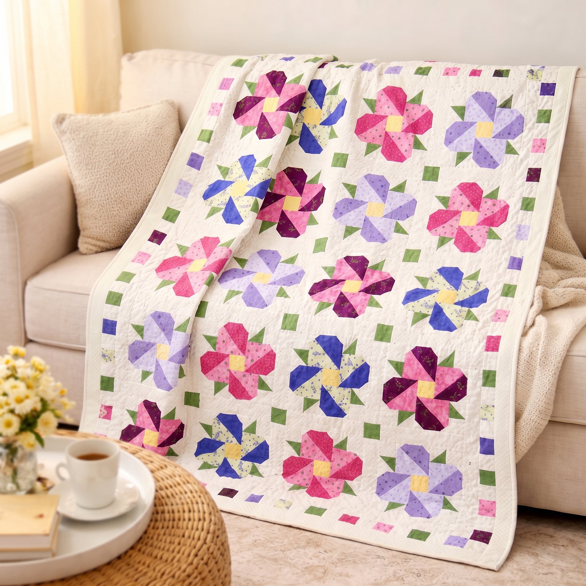 Flower Quilt Pattern PDF | Pieced Floral Quilt in Two Sizes, Baby & Lap | Fat Quarter Friendly | Instant Download Quilt Pattern