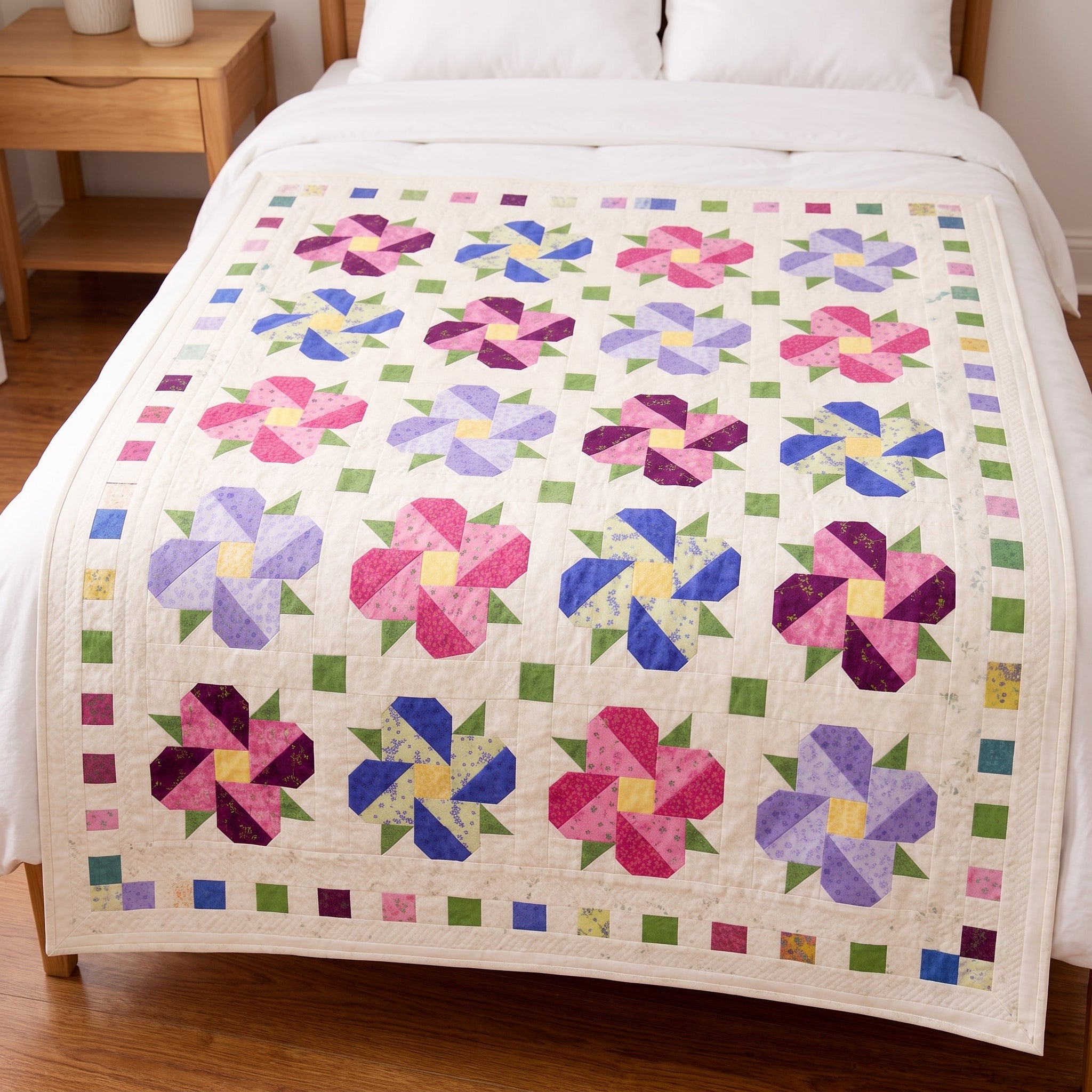 Flower Quilt Pattern PDF | Pieced Floral Quilt in Two Sizes, Baby & Lap | Fat Quarter Friendly | Instant Download Quilt Pattern